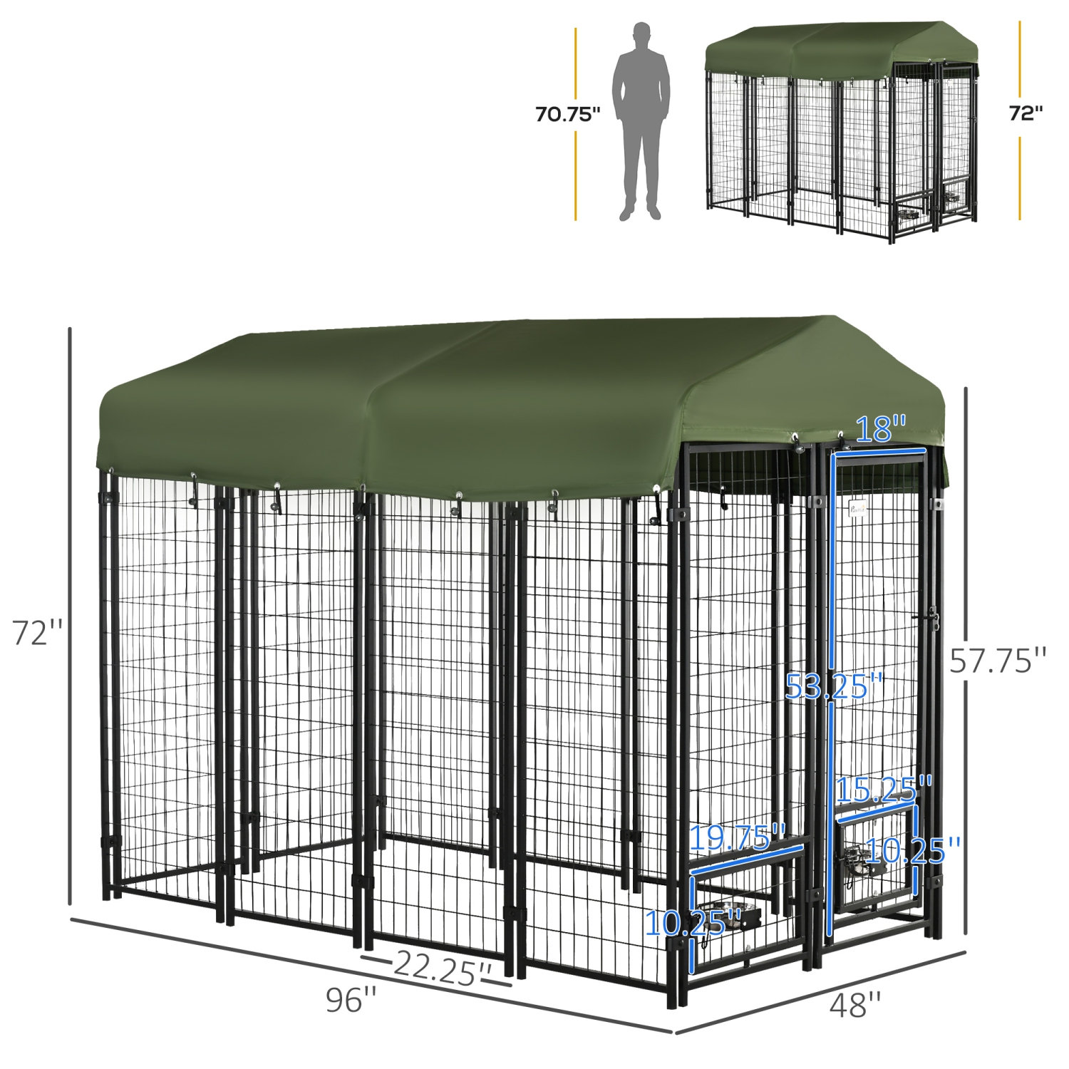 PawHut Outdoor Dog Kennel, Run, Large Wire Steel Fence, Lockable Pet Playpen Enclosure, with Water-, UV-Resistant Canopy Top, Door, Rotating Bowl