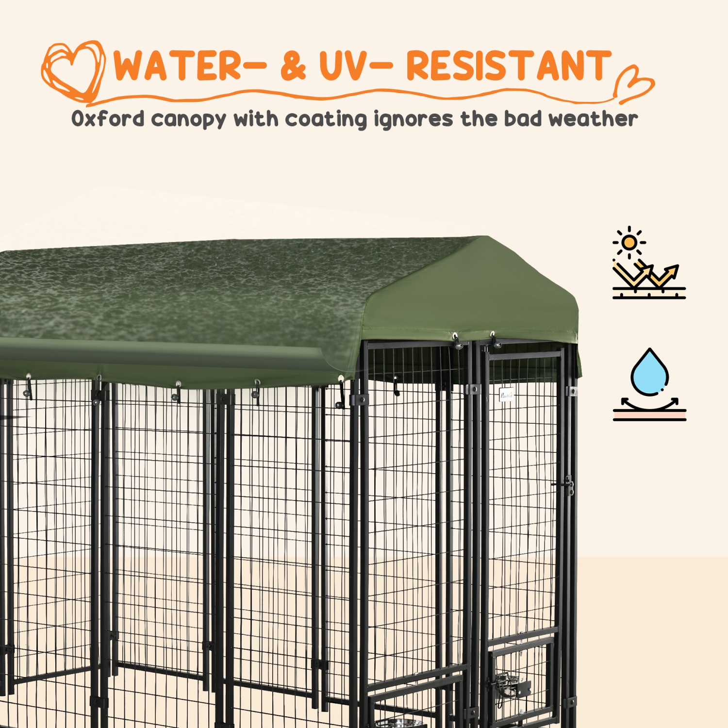 PawHut Outdoor Dog Kennel, Run, Large Wire Steel Fence, Lockable Pet Playpen Enclosure, with Water-, UV-Resistant Canopy Top, Door, Rotating Bowl