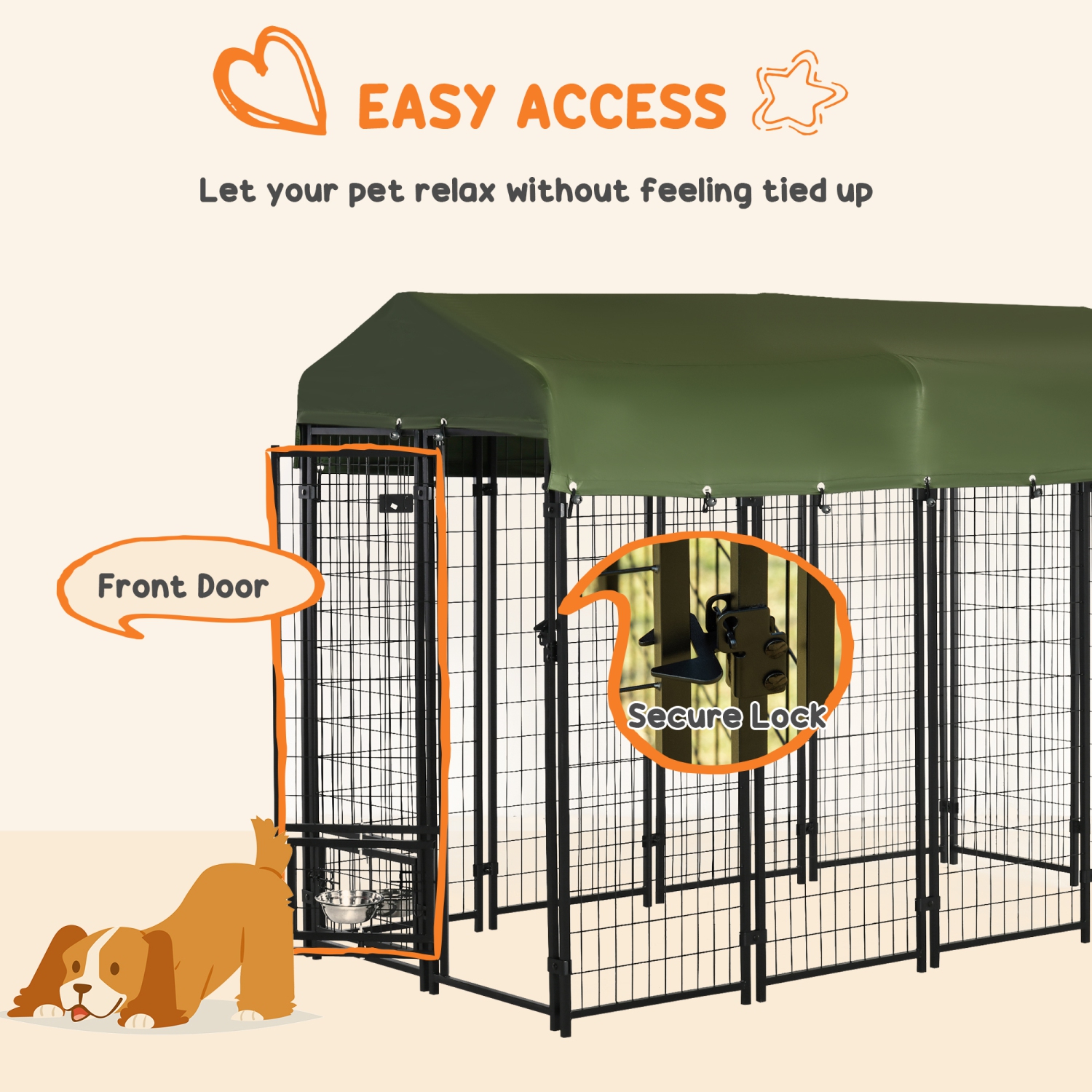 PawHut Outdoor Dog Kennel, Run, Large Wire Steel Fence, Lockable Pet Playpen Enclosure, with Water-, UV-Resistant Canopy Top, Door, Rotating Bowl