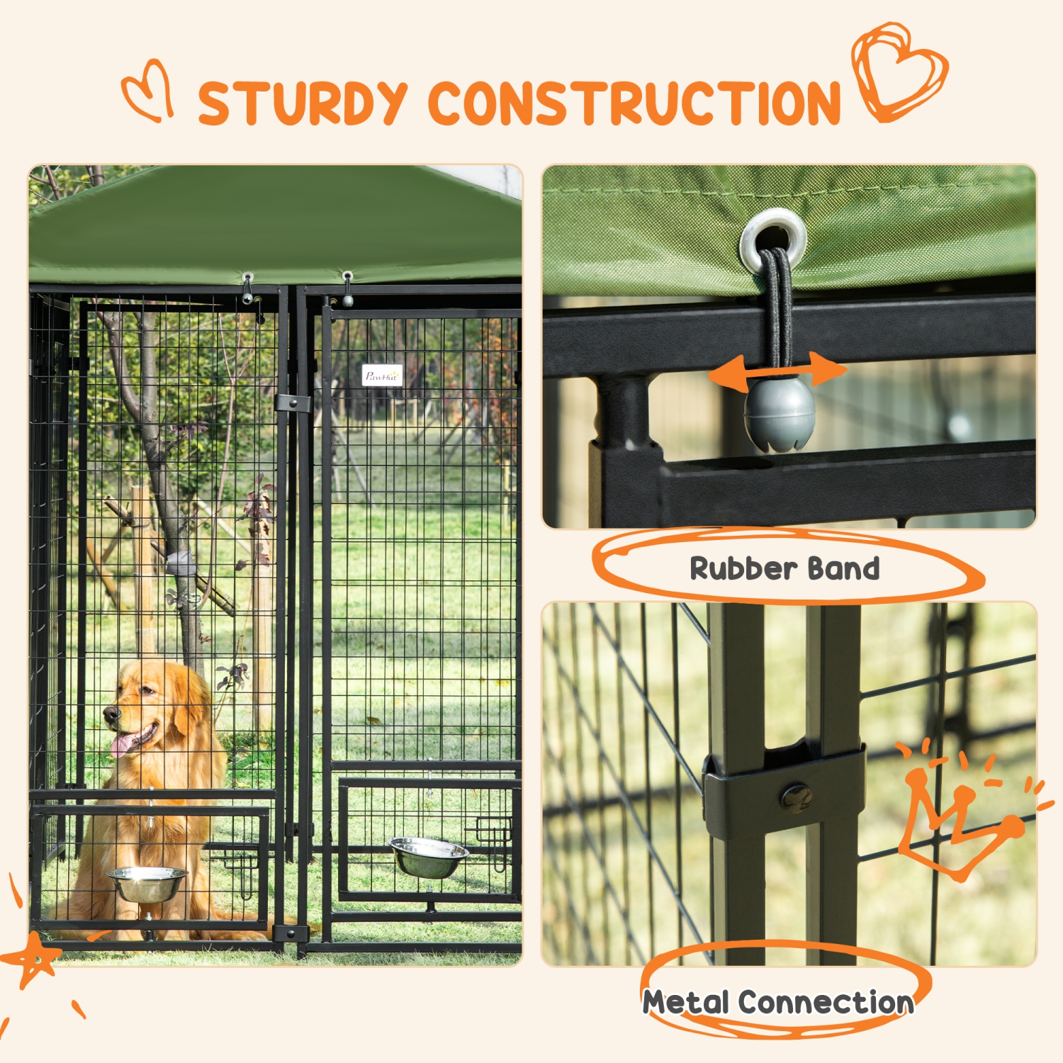 PawHut Outdoor Dog Kennel, Run, Large Wire Steel Fence, Lockable Pet Playpen Enclosure, with Water-, UV-Resistant Canopy Top, Door, Rotating Bowl