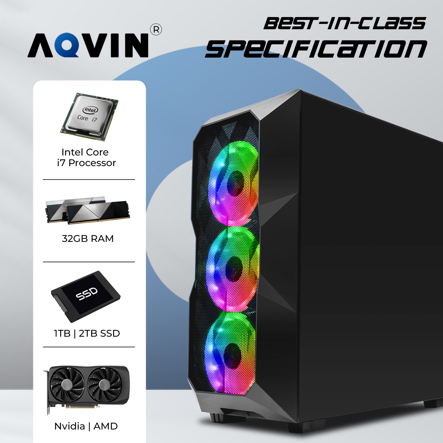 Gaming PC AQVIN AQB70 Desktop Computer Tower | New 27-inch Curved Gaming Monitor | Intel Core i7 CPU up to 4.0GHz 32GB RAM 2TB SSD GeForce RTX 3050