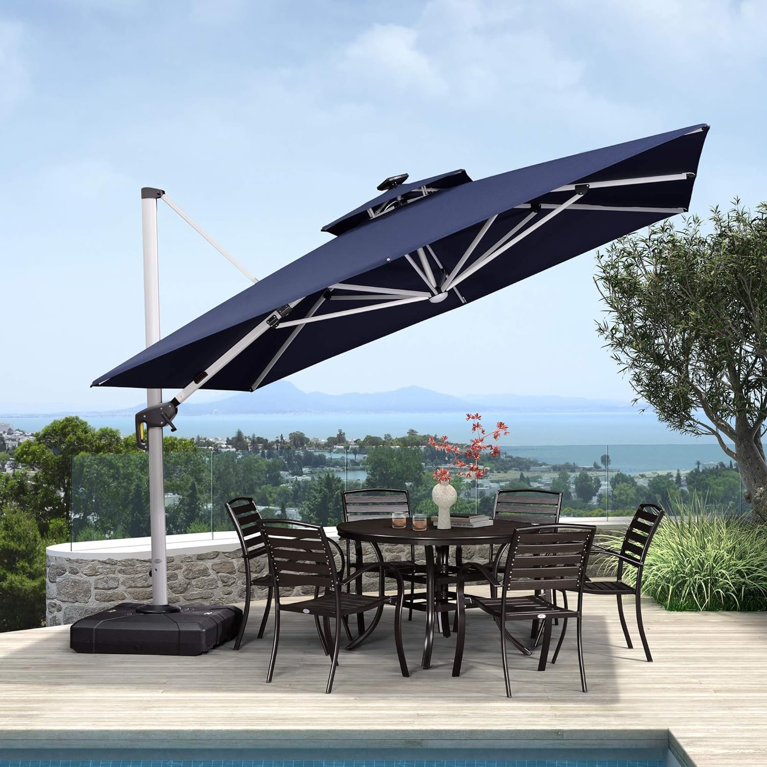 PURPLE LEAF 11ft Solar Powered LED Square Double Top Patio Umbrella Offset Hanging Umbrella Garden Umbrella, Navy Blue