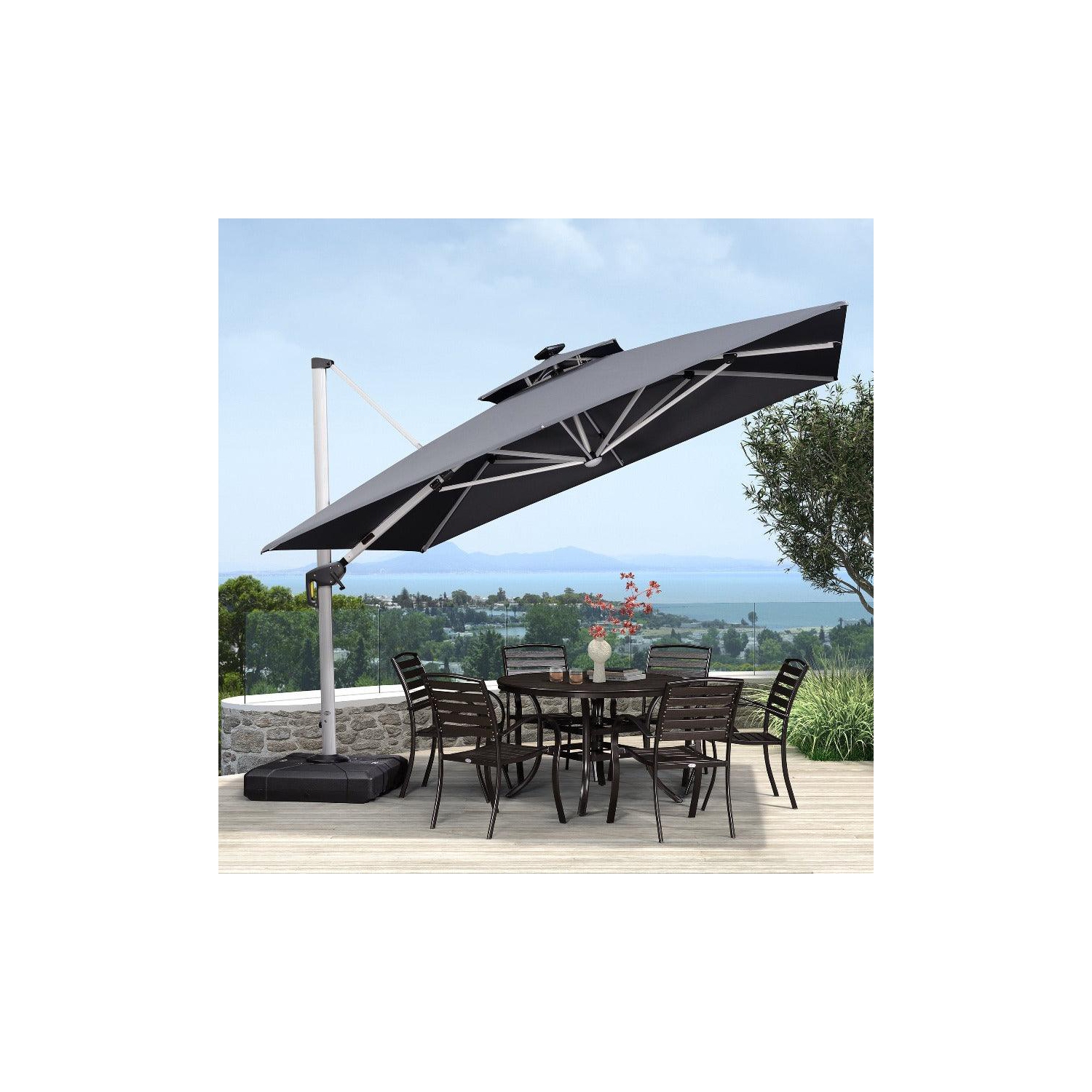 PURPLE LEAF 11ft Solar Powered LED Square Double Top Patio Umbrella Offset Hanging Umbrella Garden Umbrella, Gray
