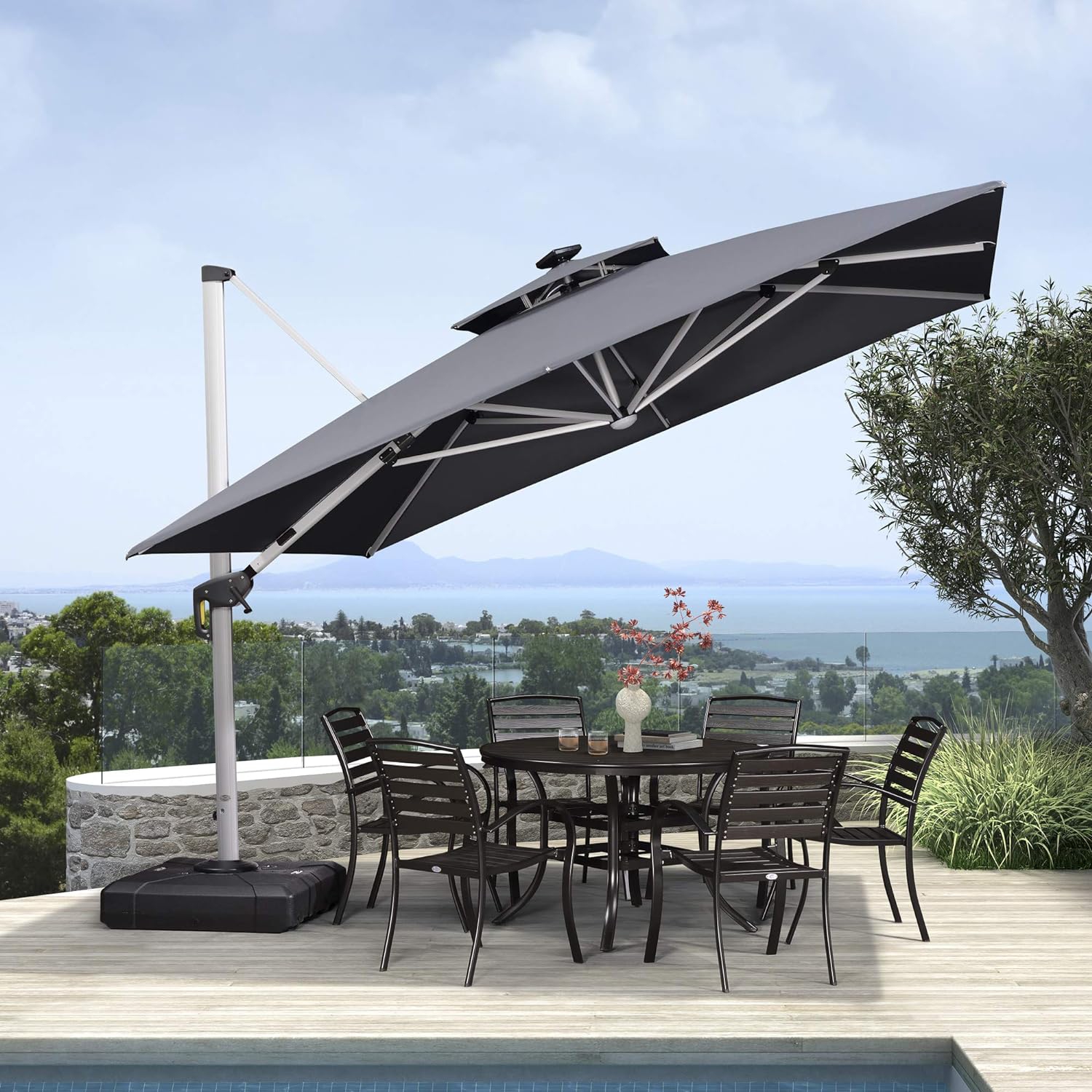 PURPLE LEAF 10ft Solar Powered LED Square Double Top Patio Umbrella Offset Hanging Umbrella Garden Umbrella, Gray