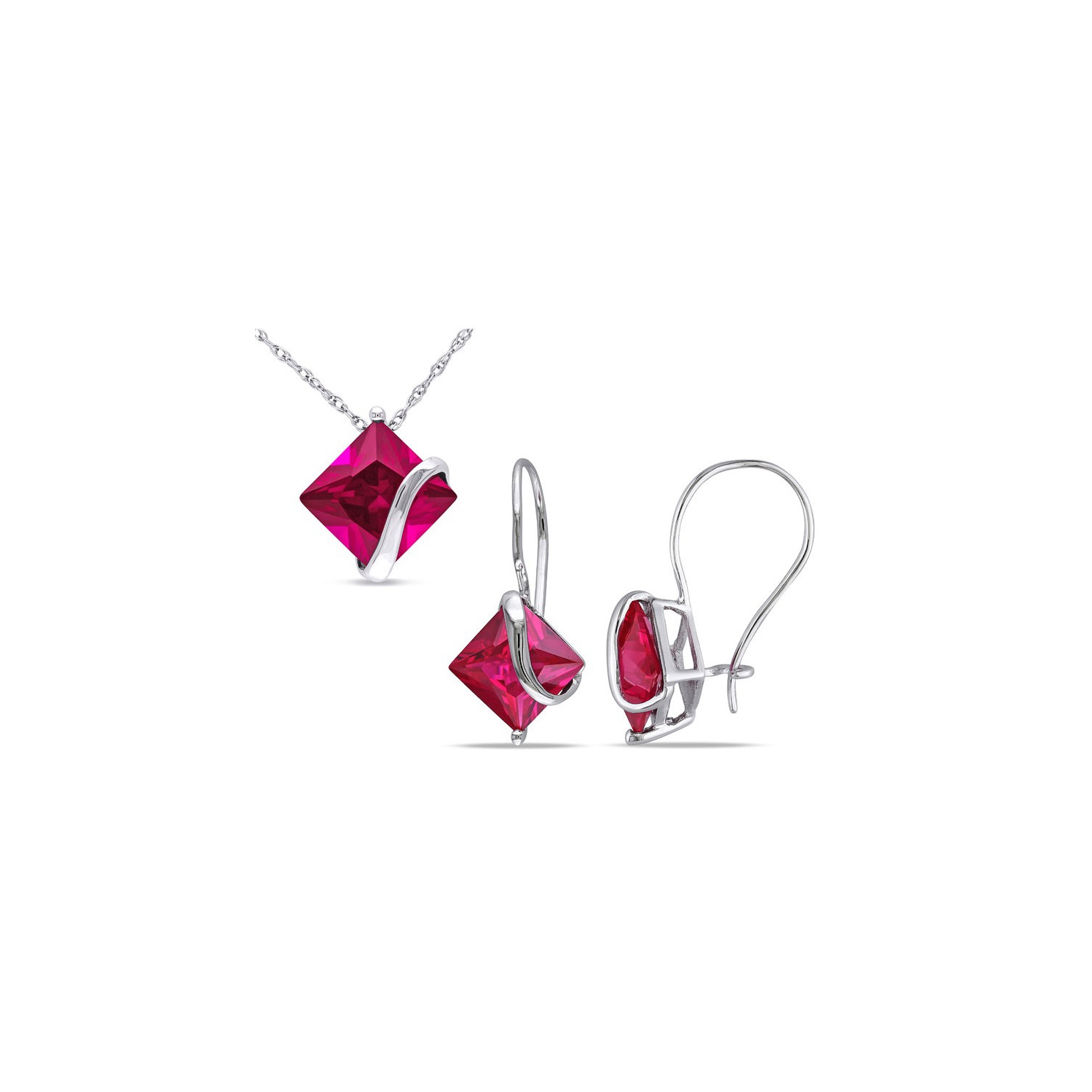 7.28 Carat Lab Created Ruby Earrings and Pendant Necklace Set in 10K White Gold