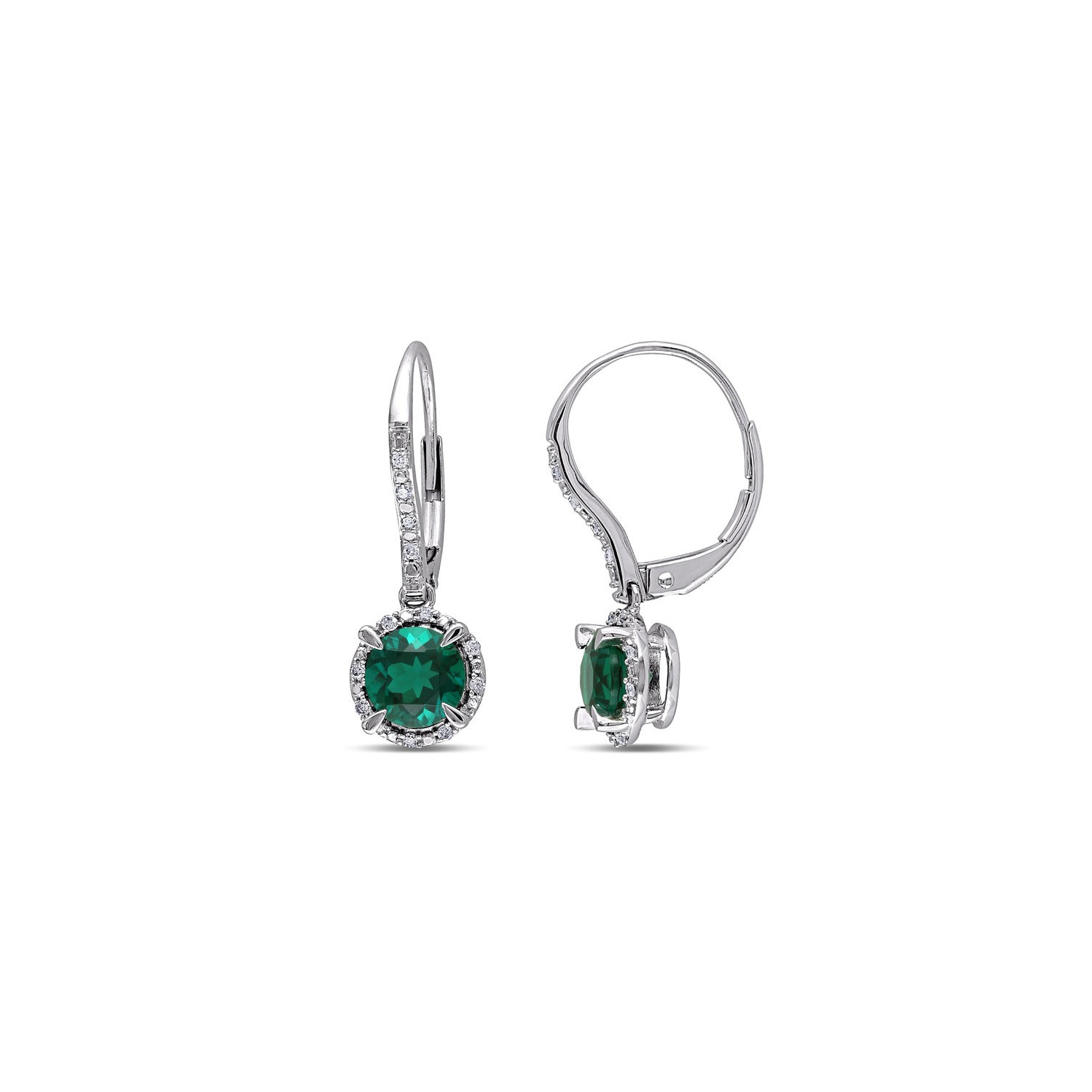 Pendants d'oreilles en or blanc 10K ct avec diamants et émeraudes synthétiques d'1,70&nbsp;carat