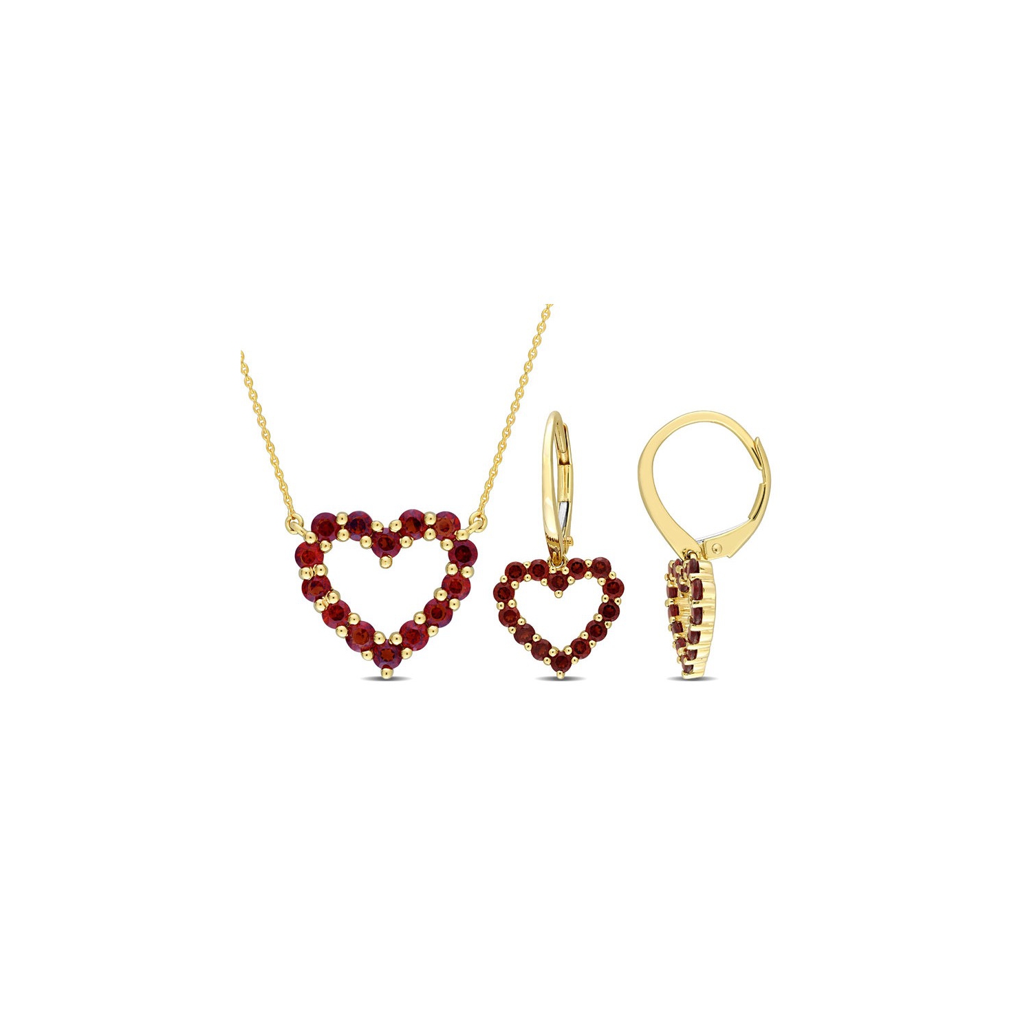 2.38 Carat Garnet Heart Pendant Necklace and Earrings in 10K Yellow Gold
