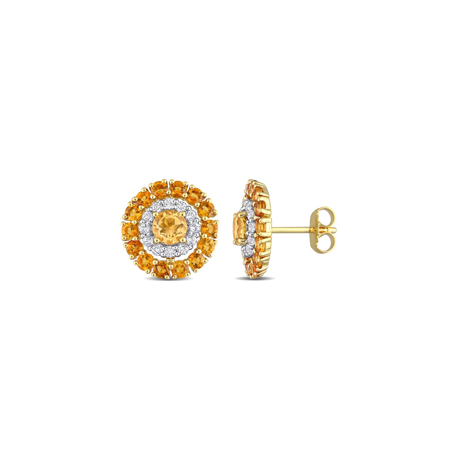 3.52 Carat Madeira Citrine and White Topaz Halo Earrings in Yellow Plated Sterling Silver