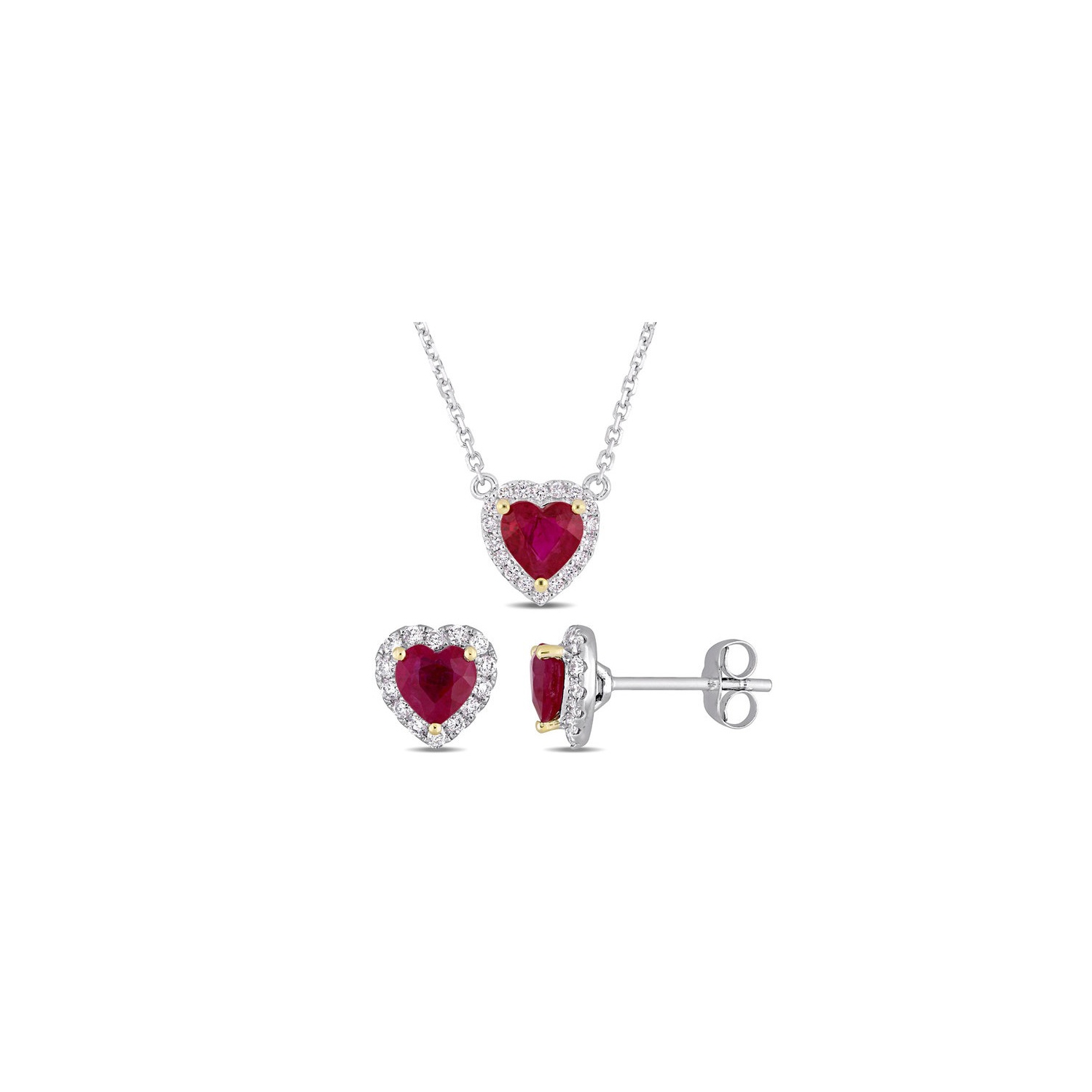 1.67 Carat Ruby Heart Earrings and Pendant Set in 14k White Gold with Diamonds 1/3 Carat (ctw)