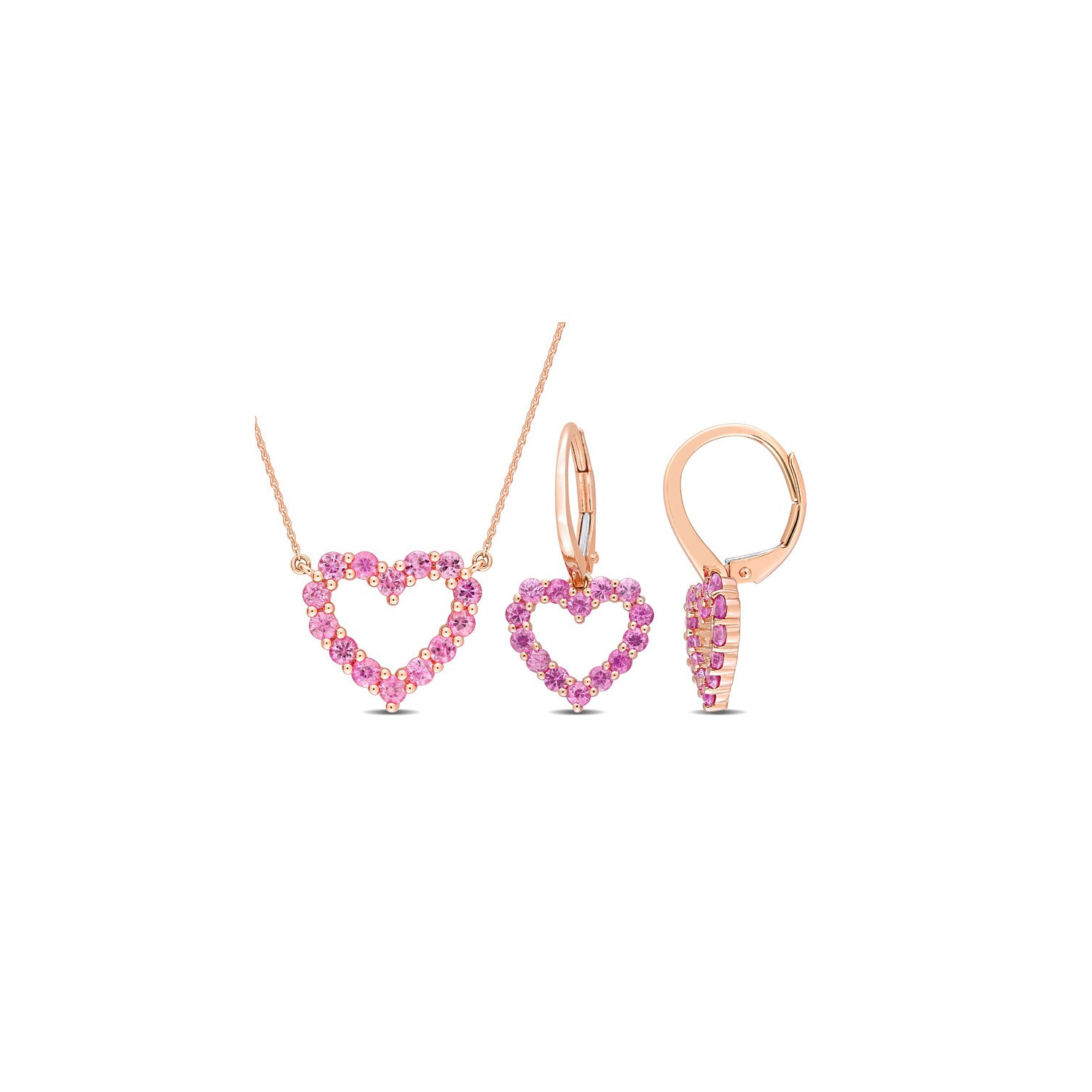 2.38 Carat Pink Sapphire Heart Pendant Necklace and Earrings in 10K Yellow Gold