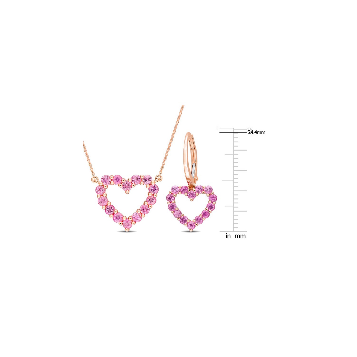 2.38 Carat Pink Sapphire Heart Pendant Necklace and Earrings in 10K Yellow Gold