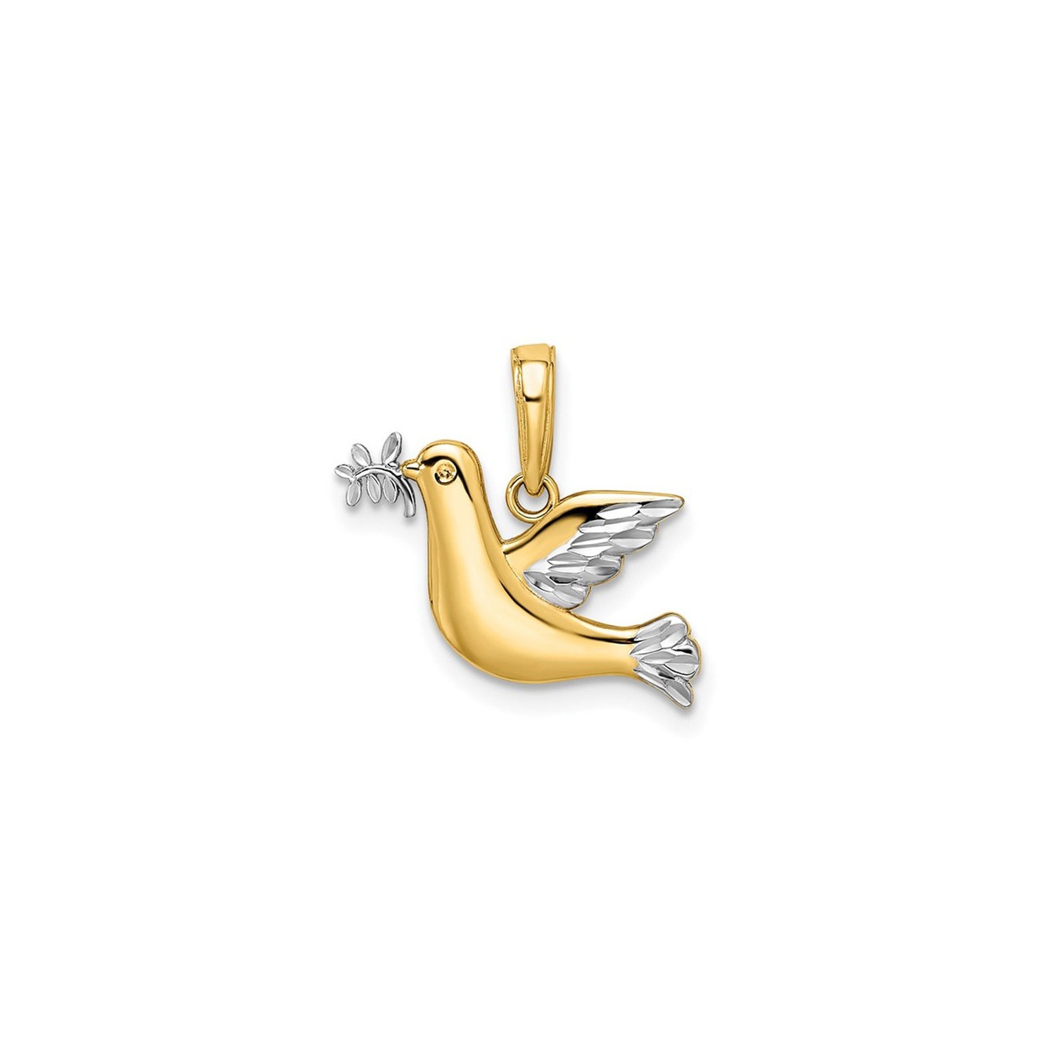 Pendentif à branche d'olive et colombe en or jaune et blanc 14K ct