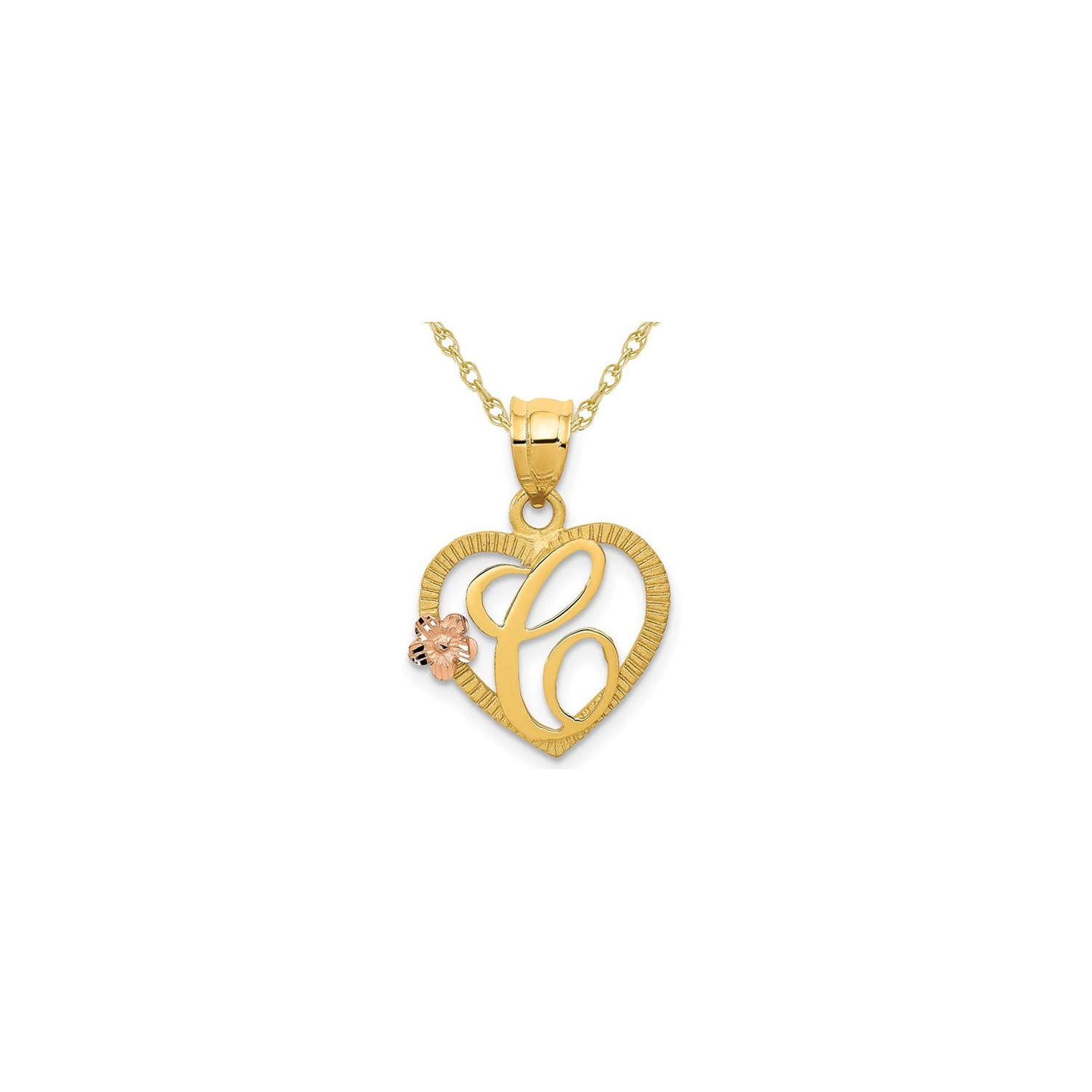 Breloque en or jaune 14K ct avec chaîne et pendentif en forme de coeur en C