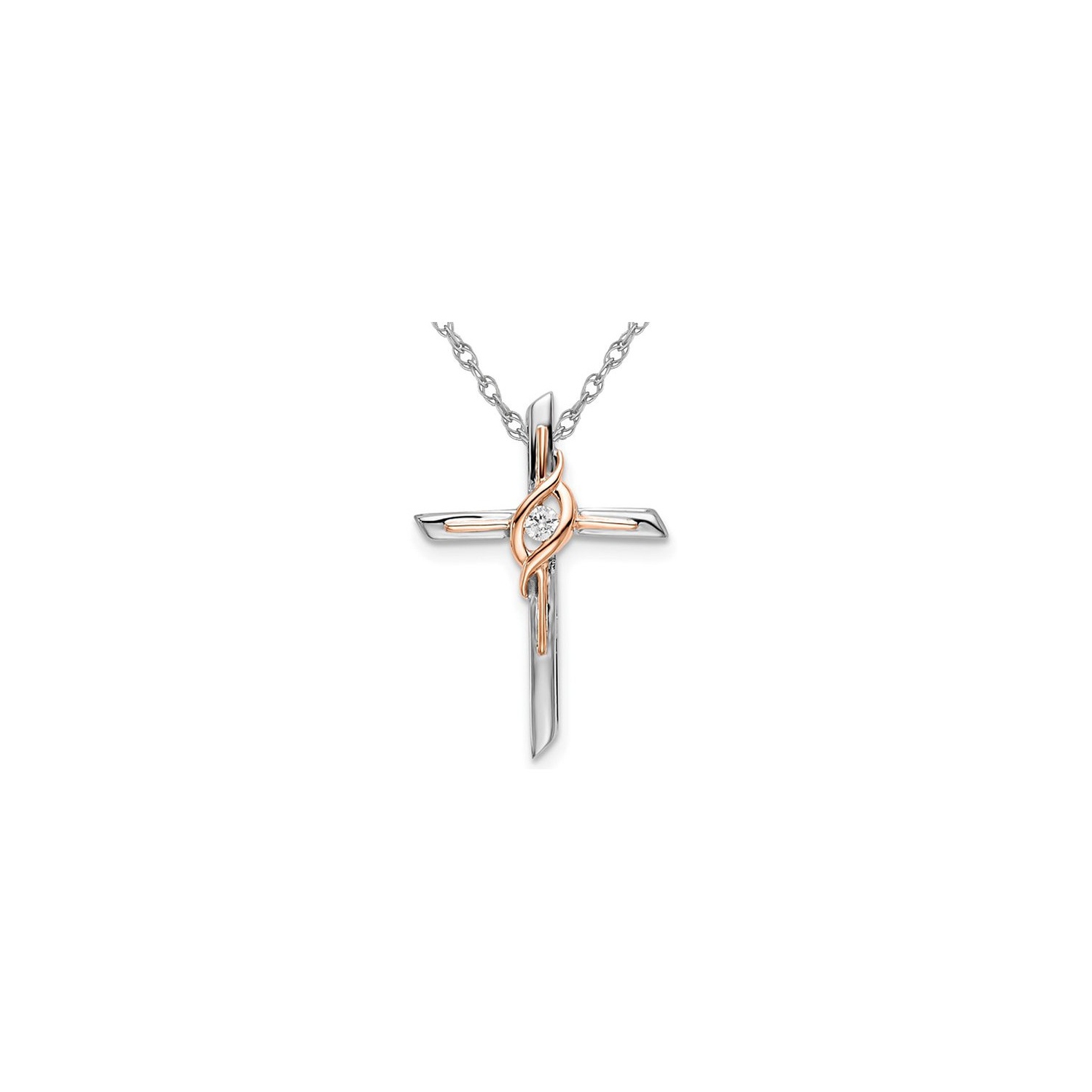 10K White and Rose Gold Cross Pendant Necklace in with Chain and Diamond Accent