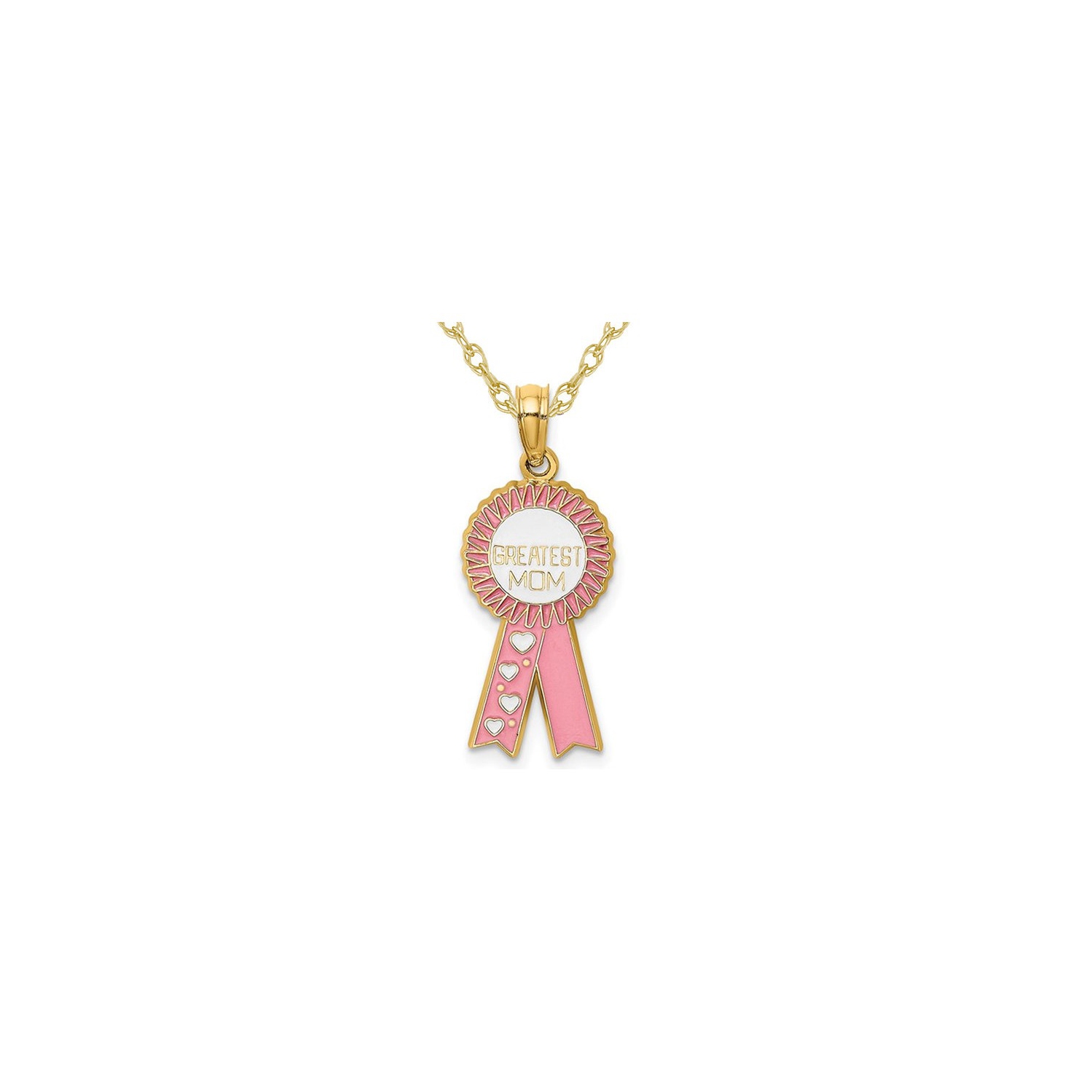 14K Yellow Gold Greatest MOM Ribbon Pendant Necklace with Chain