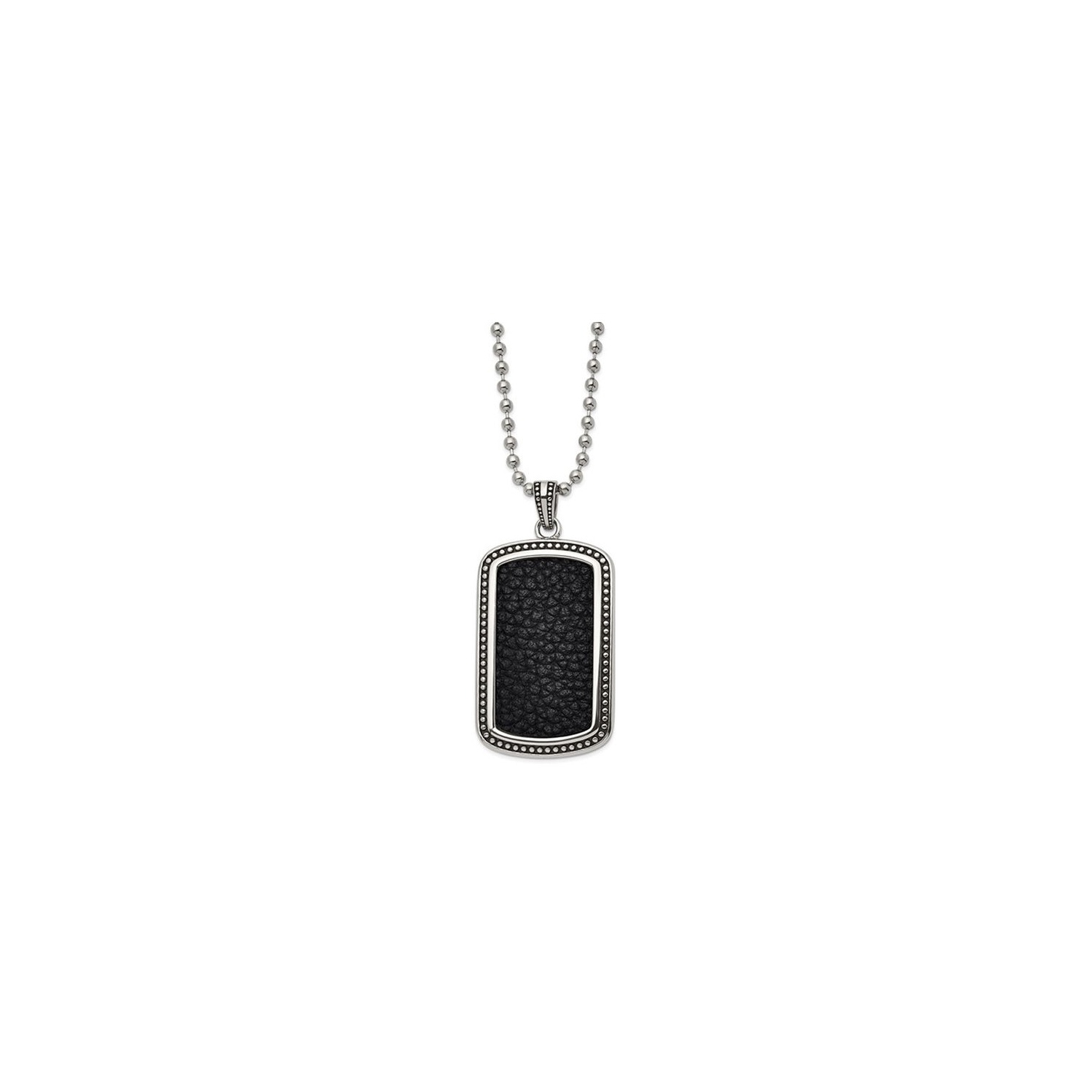 Mens Stainless Steel Black Textured Leather Inlay Dog Tag Pendant Necklace with Chain