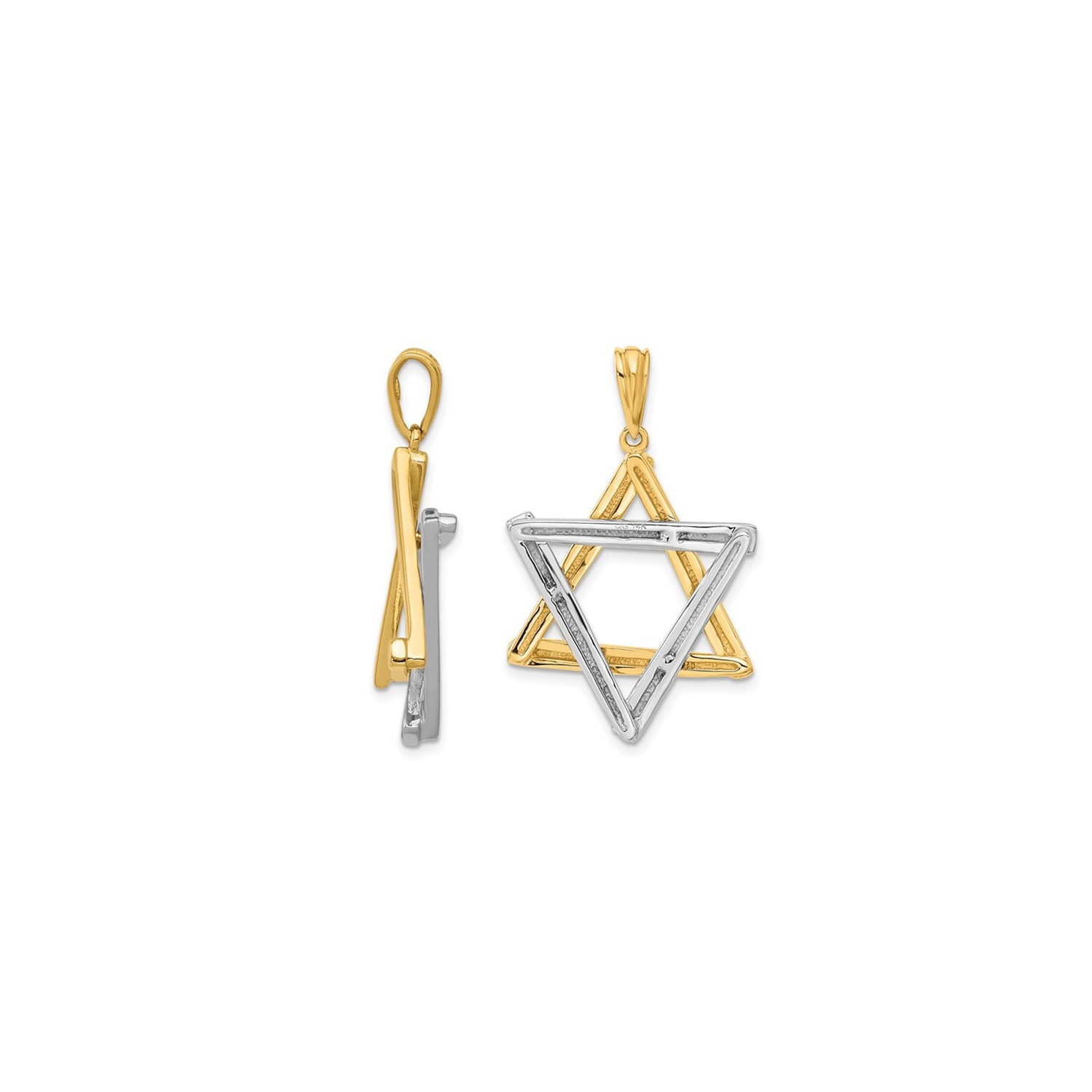 14K Two-Tone Yellow and White Solid Gold Star Of David Pendant Necklace