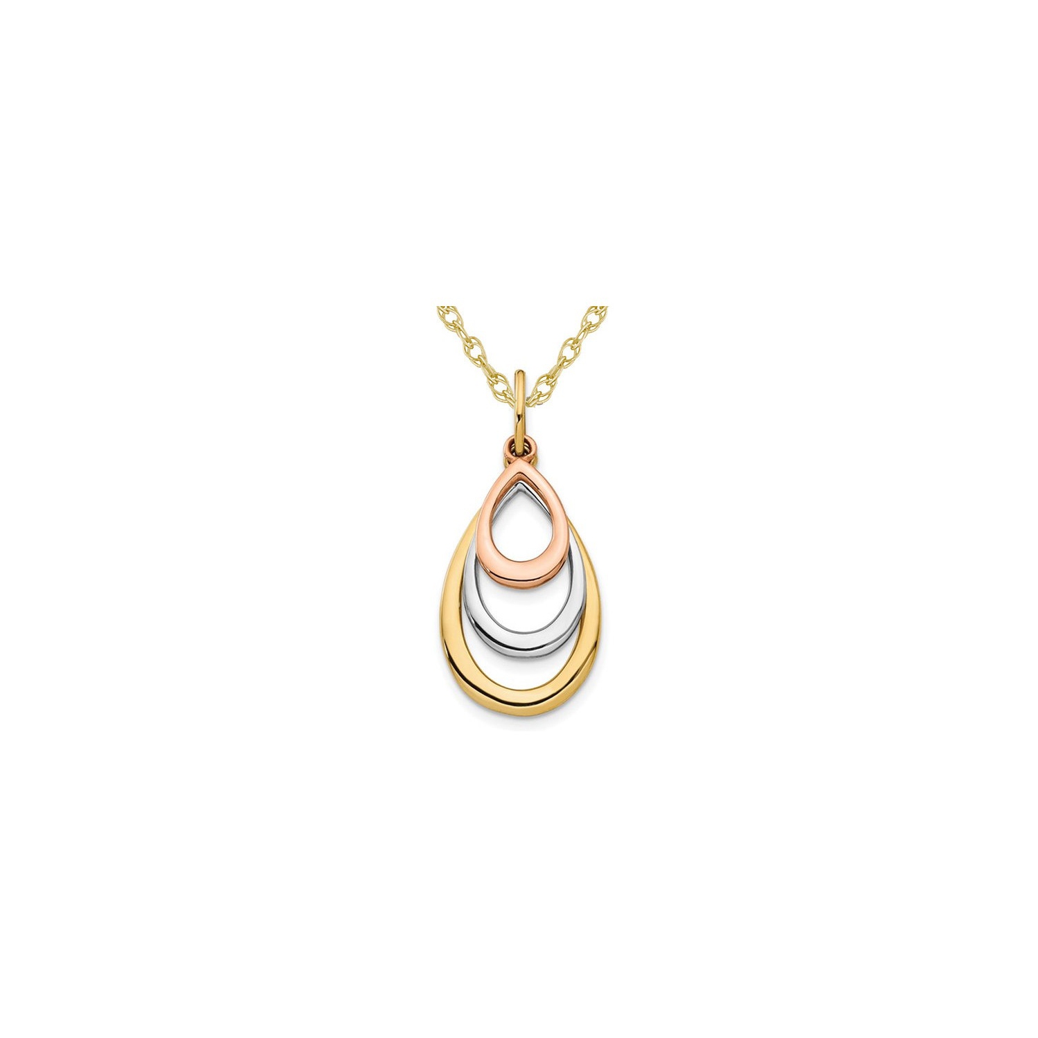 14K Yellow, Rose and White Gold TearDrop Pendant Necklace with Chain