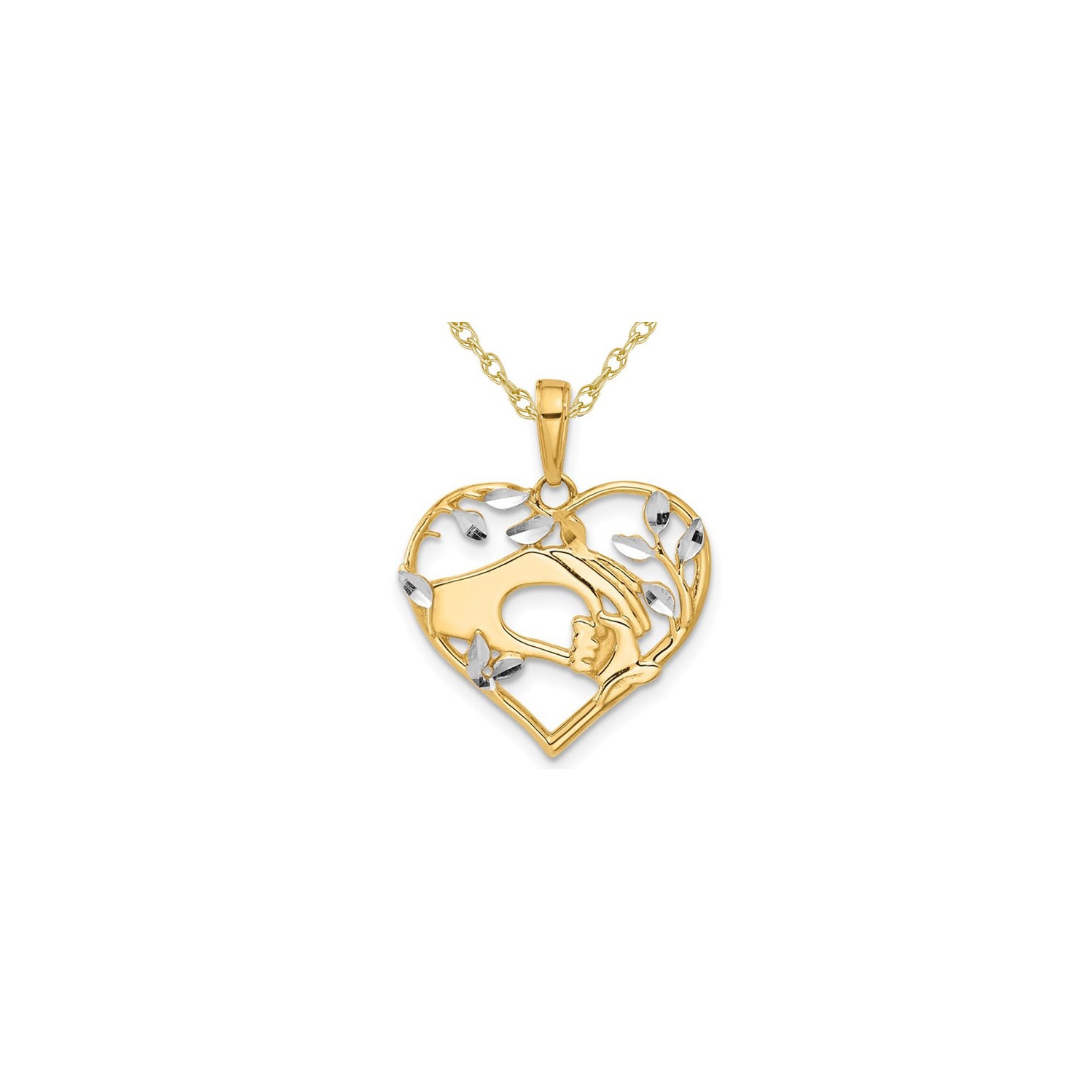 14K Yellow Gold Mother and Child Hands Heart Charm Pendant Necklace with Chain