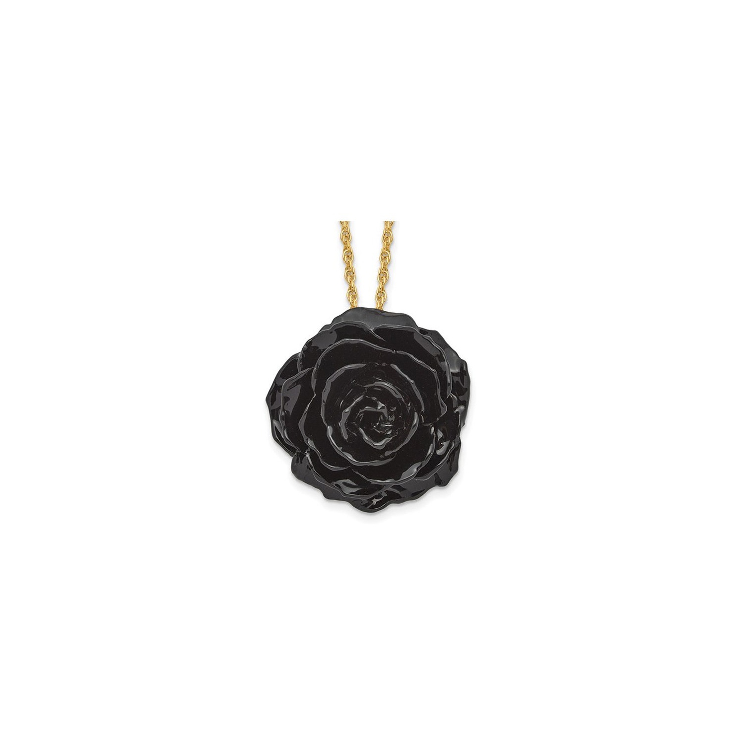 Lacquer Dipped Black Real Rose with 18 inch Yellow Plated Necklace Chain