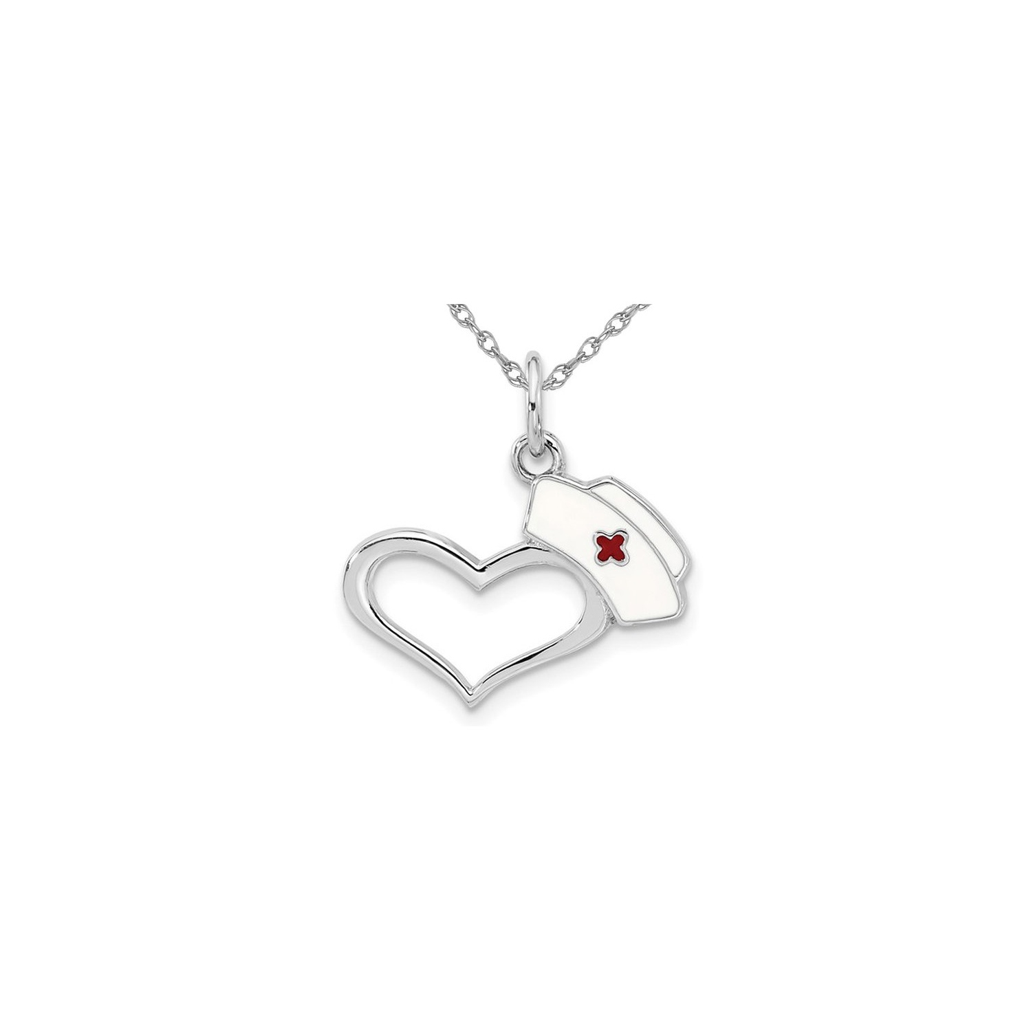 Small Nurses Hat Heart Charm Pendant Necklace in Sterling Silver with Chain