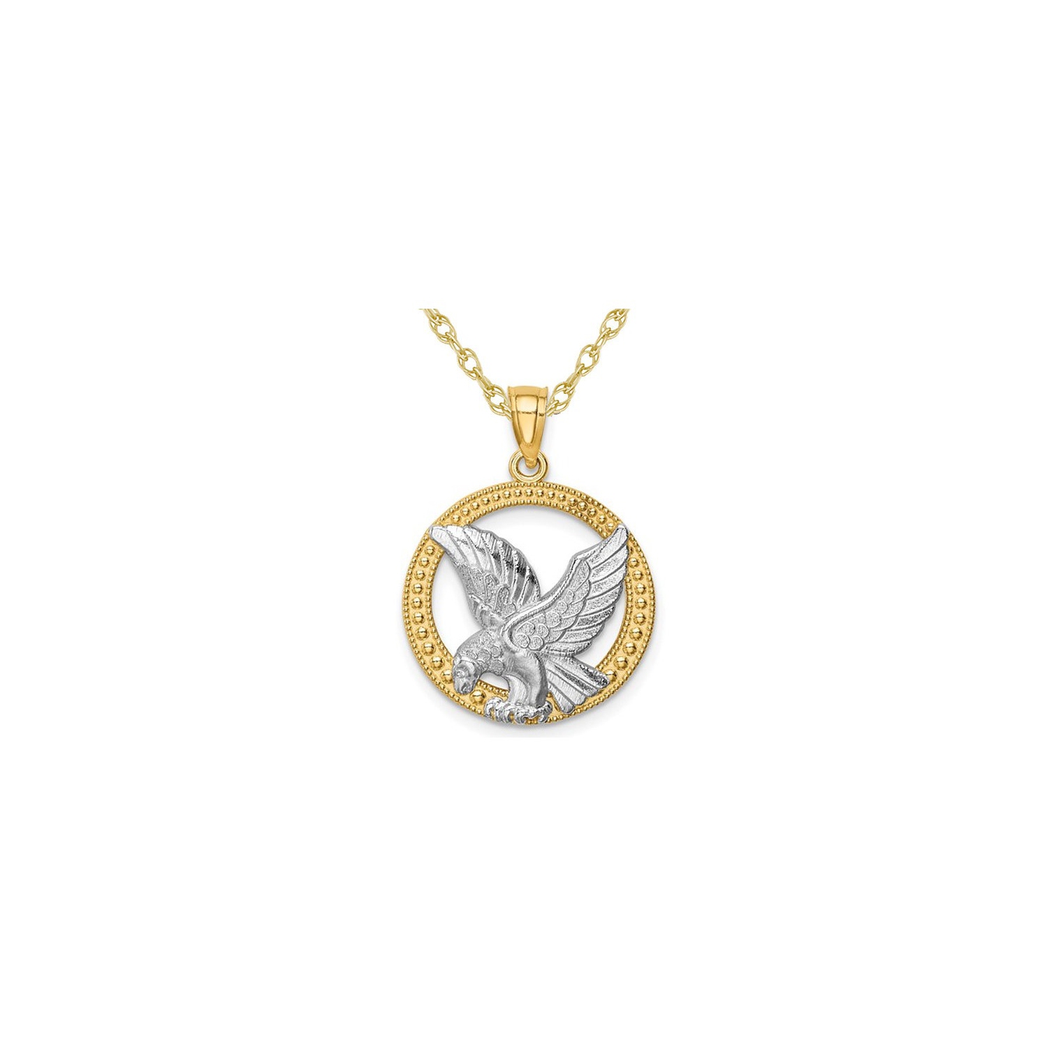 14K Yellow Gold Circle Eagle Charm Pendant Necklace with Chain