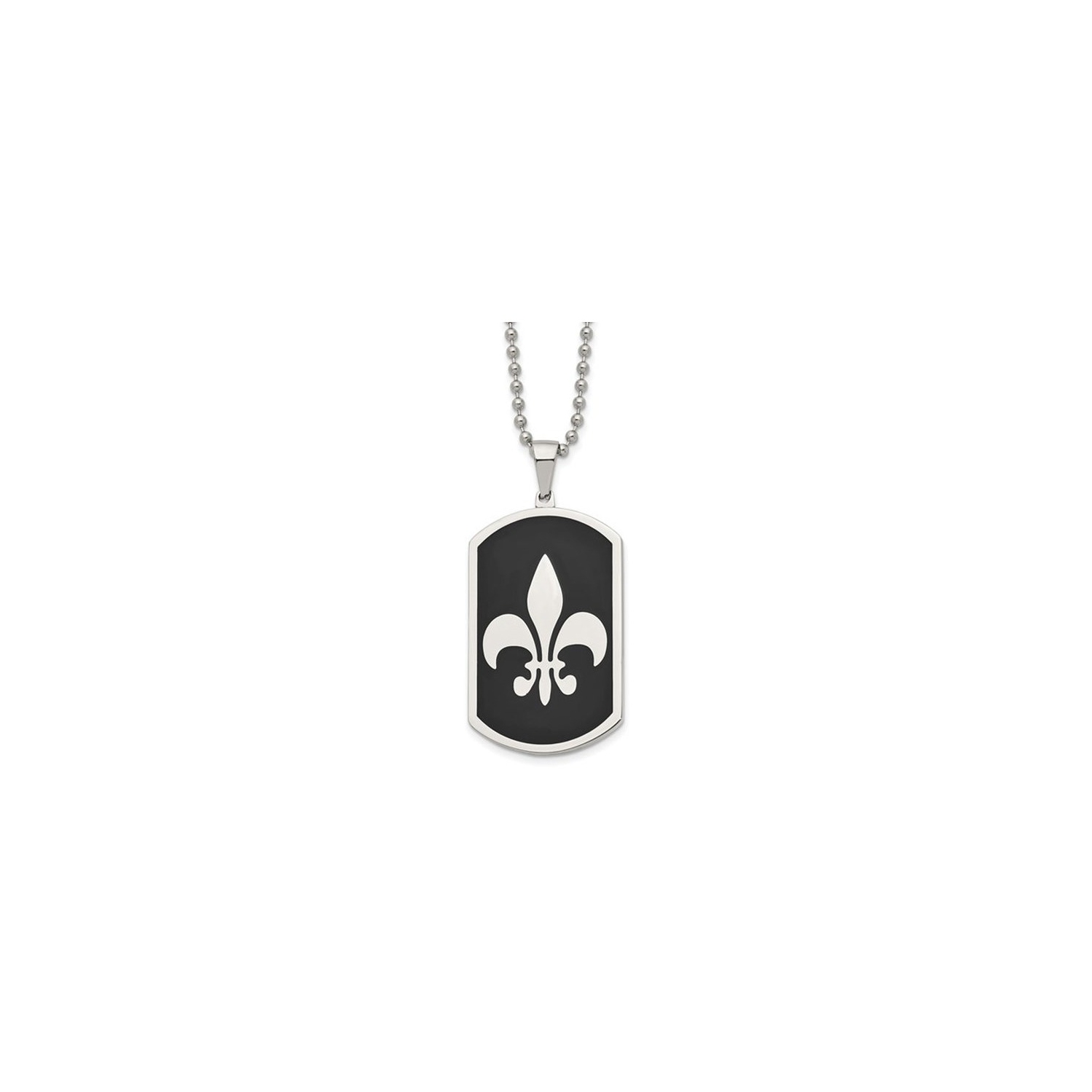 Mens Stainless Steel Black IP-plated Fleur de Lis Dog Tag Pendant Necklace with Chain