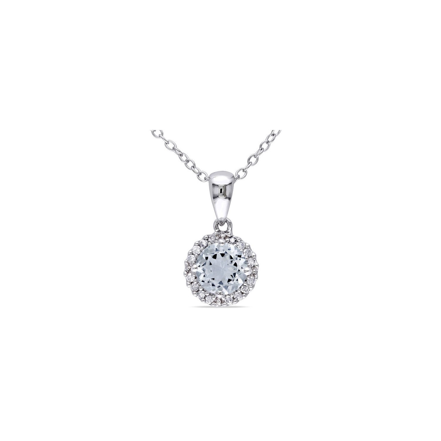 3/4 Carat Aquamarine Halo Pendant Necklace in Sterling Silver with Chain