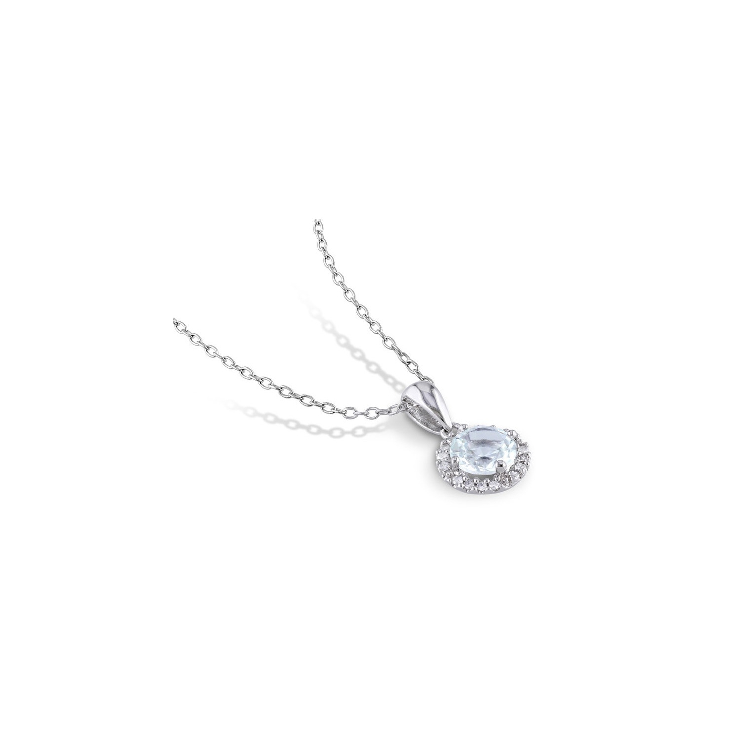 3/4 Carat Aquamarine Halo Pendant Necklace in Sterling Silver with Chain