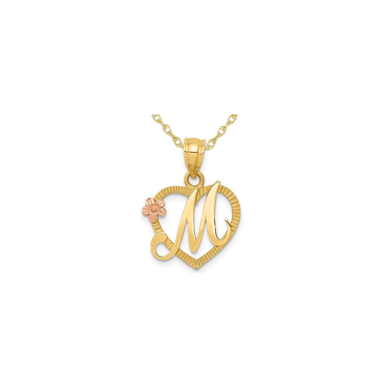 14K Yellow Gold Initial -M- Heart Necklace Pendant Charm with Chain
