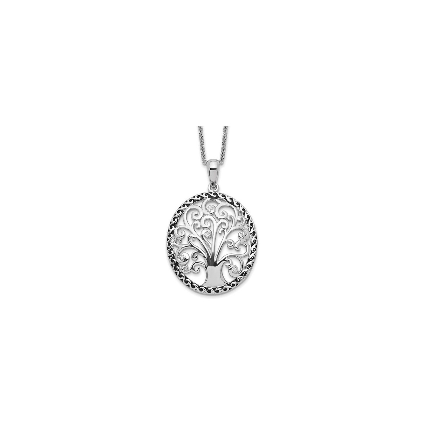 Tree of Life - Pendant Necklace in Antiqued Sterling Silver with Synthetic Cubic Zirconia
