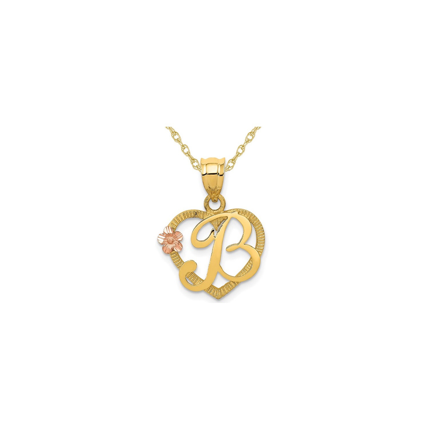 14K Yellow Gold Initial -B- Heart Necklace Pendant Charm with Chain