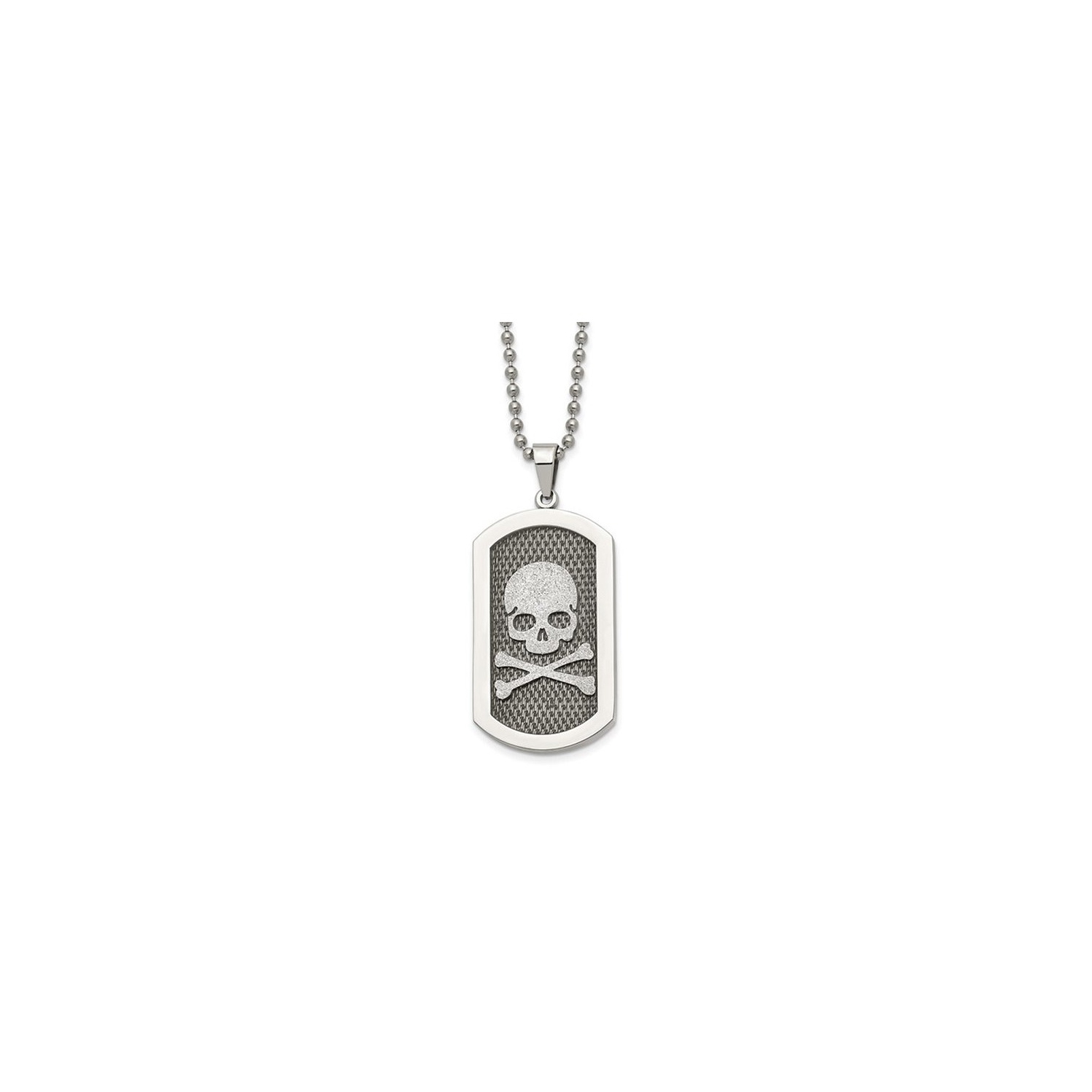 Mens Stainless Steel Polished Laser Cut Skull and Crossbones Dog Tag Pendant Necklace with Chain