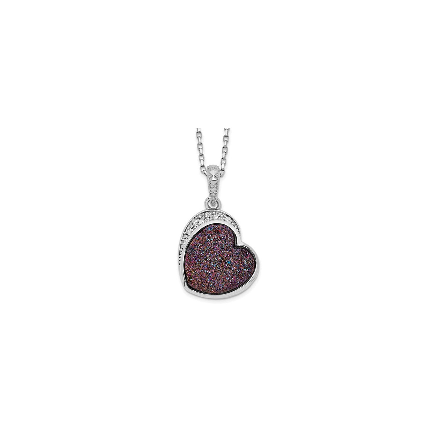 Pink Druzy Quartz Heart Pendant Necklace in Sterling Silver with Chain and Accent Diamonds