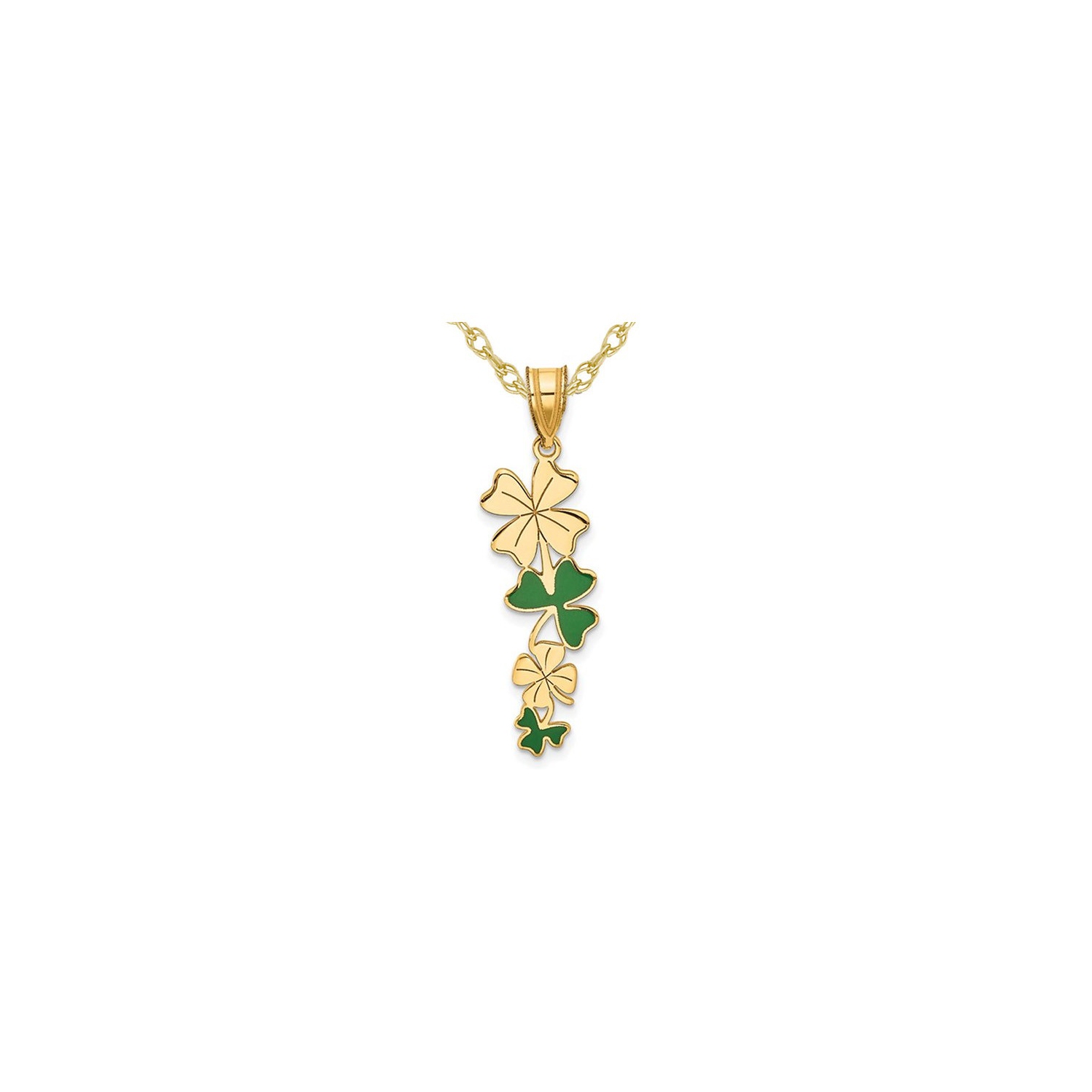 14K Yellow Gold Green Enameled Clovers Pendant Necklace with Chain