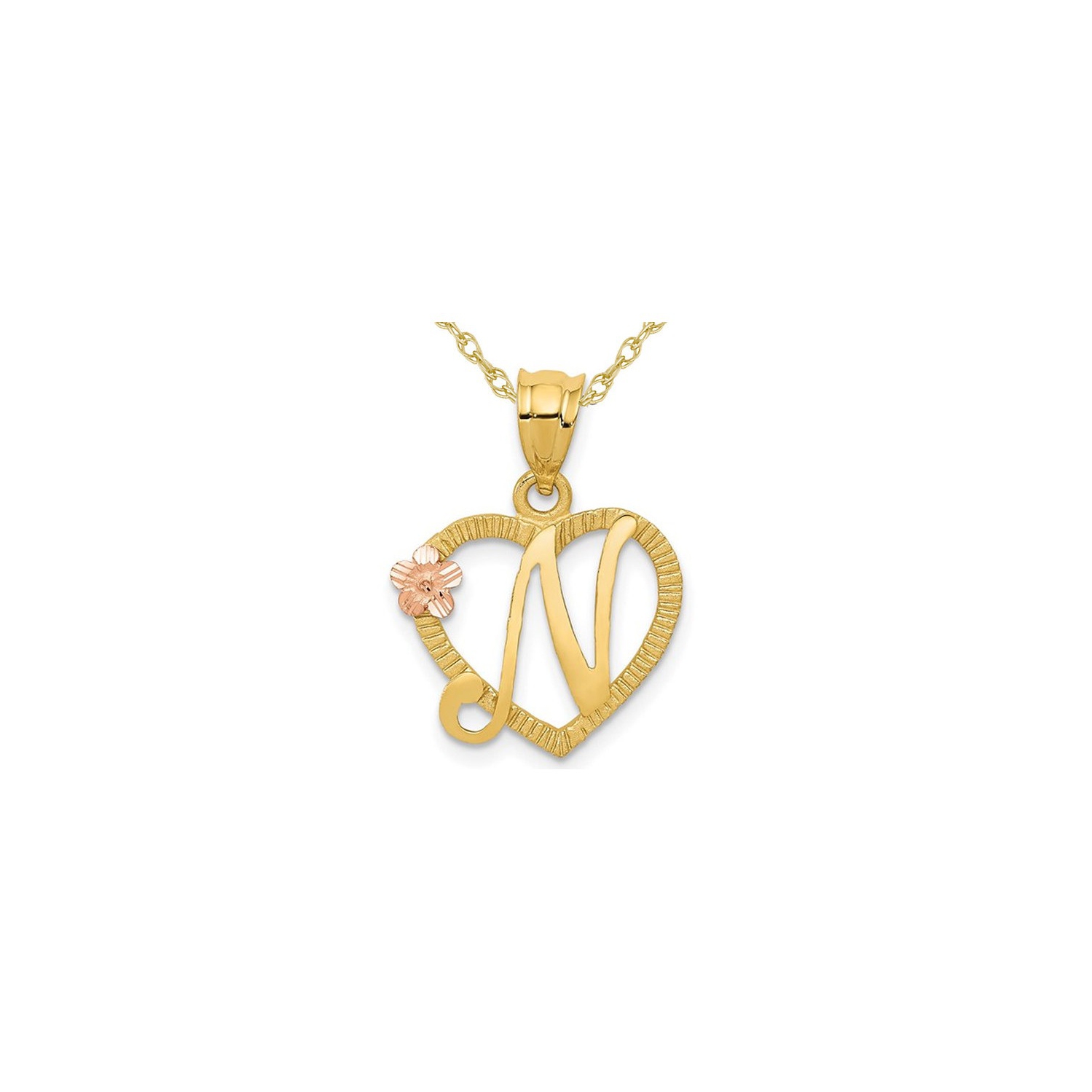14K Yellow Gold Initial -N- Heart Necklace Pendant Charm with Chain