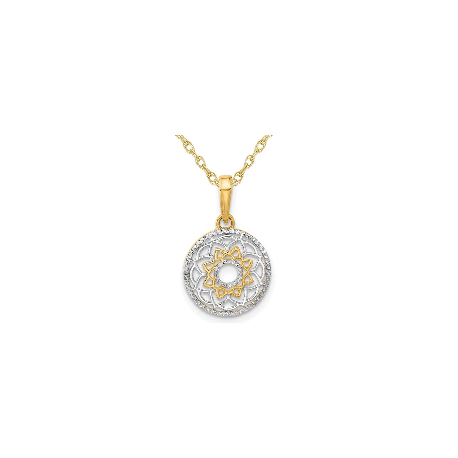 14K Yellow and White Gold Floral Circle Pendant Necklace with Chain