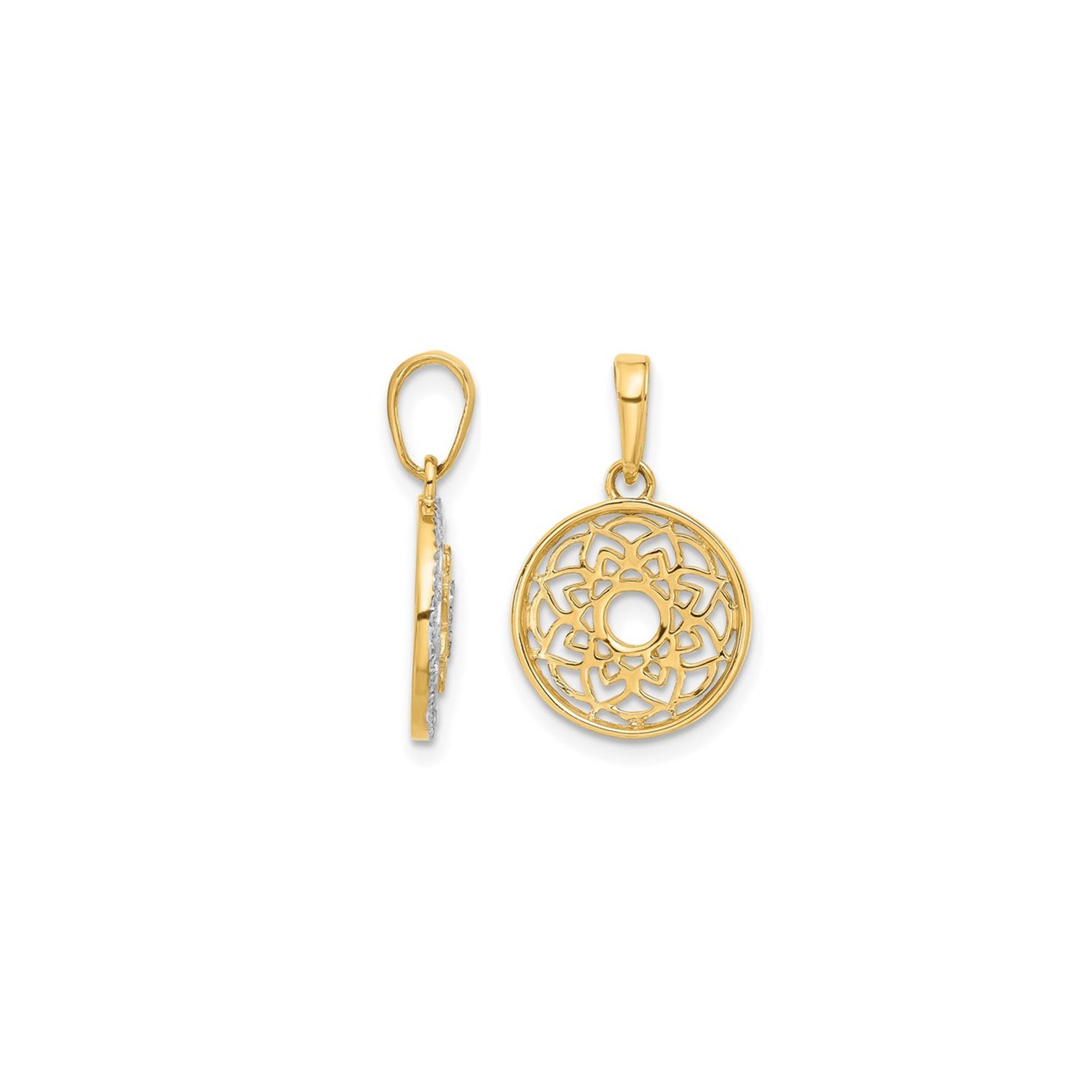 14K Yellow and White Gold Floral Circle Pendant Necklace with Chain