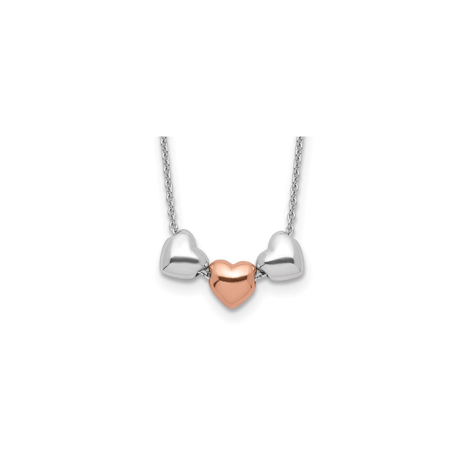 Sterling Silver Three Colored Puffed Heart Necklace