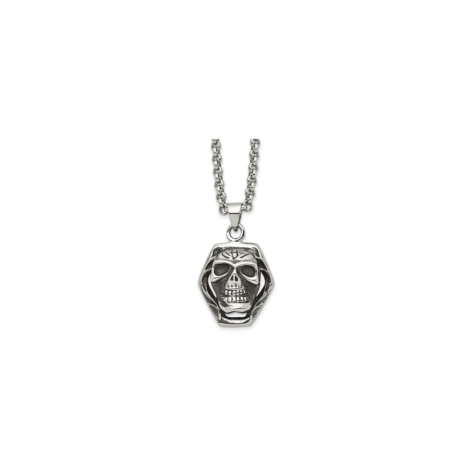 Stainless Steel Antiqued and Polished Skull Pendant Necklace with Chain