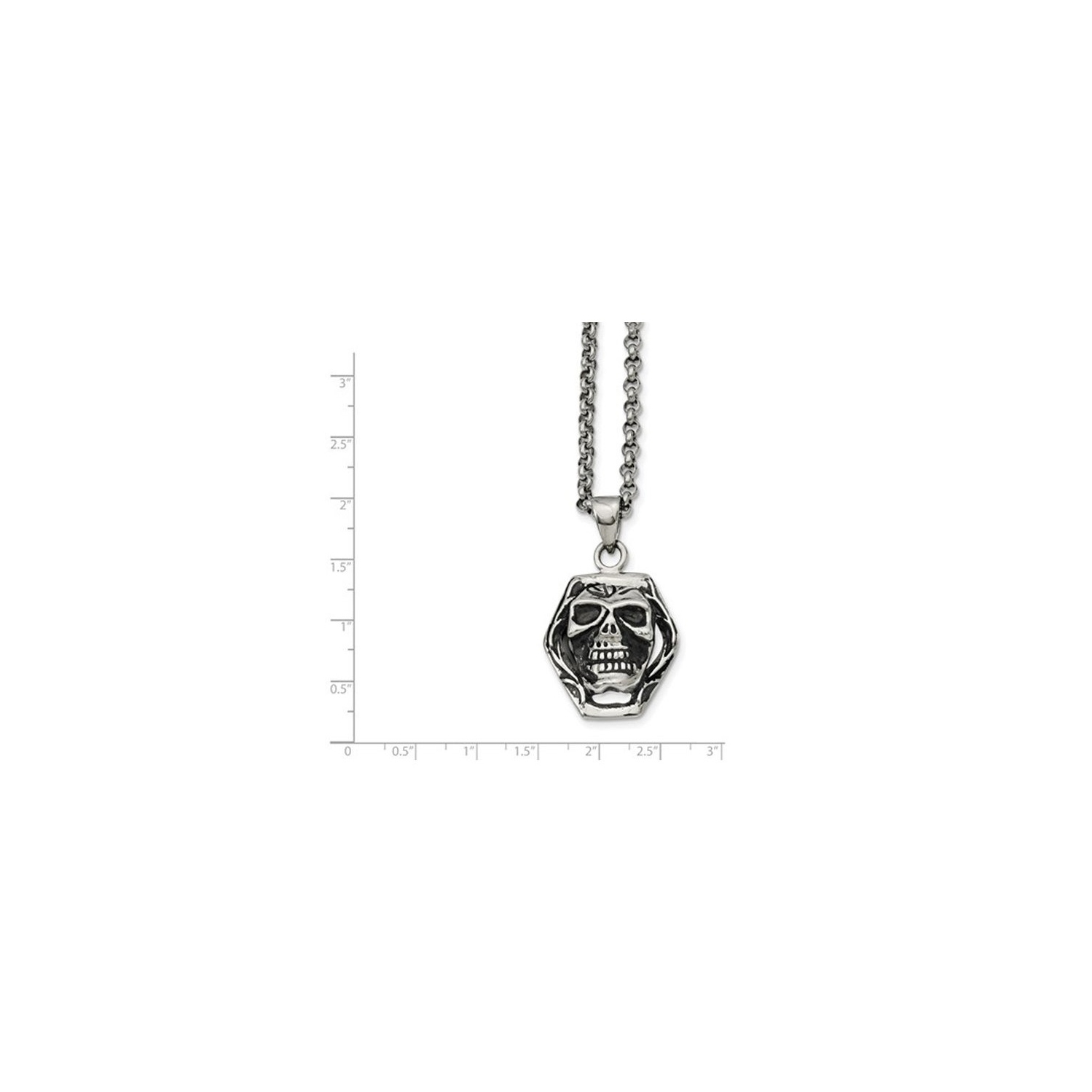 Stainless Steel Antiqued and Polished Skull Pendant Necklace with Chain