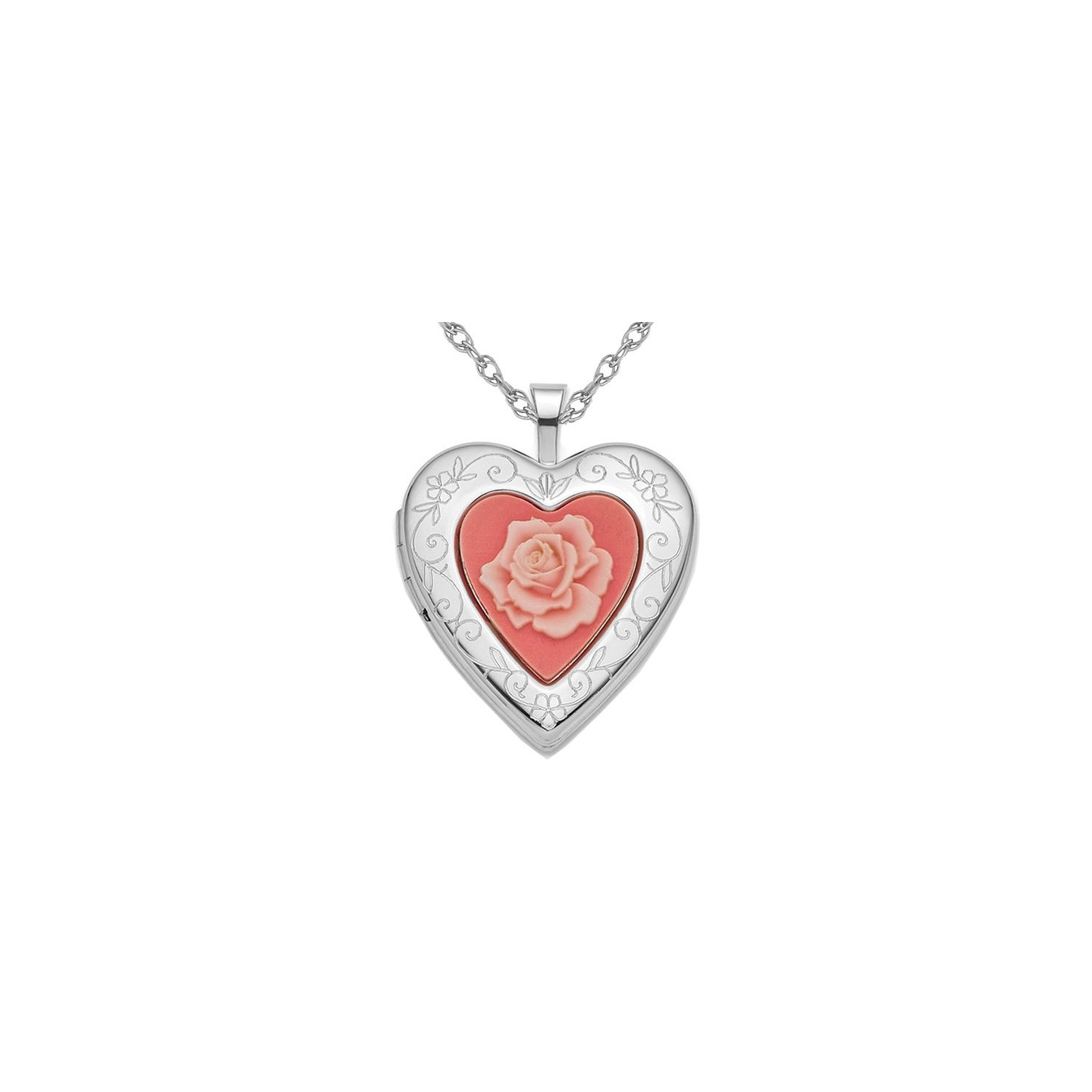 Sterling Silver Pink Resin Rose Cameo Heart Locket Pendant Necklace with Chain