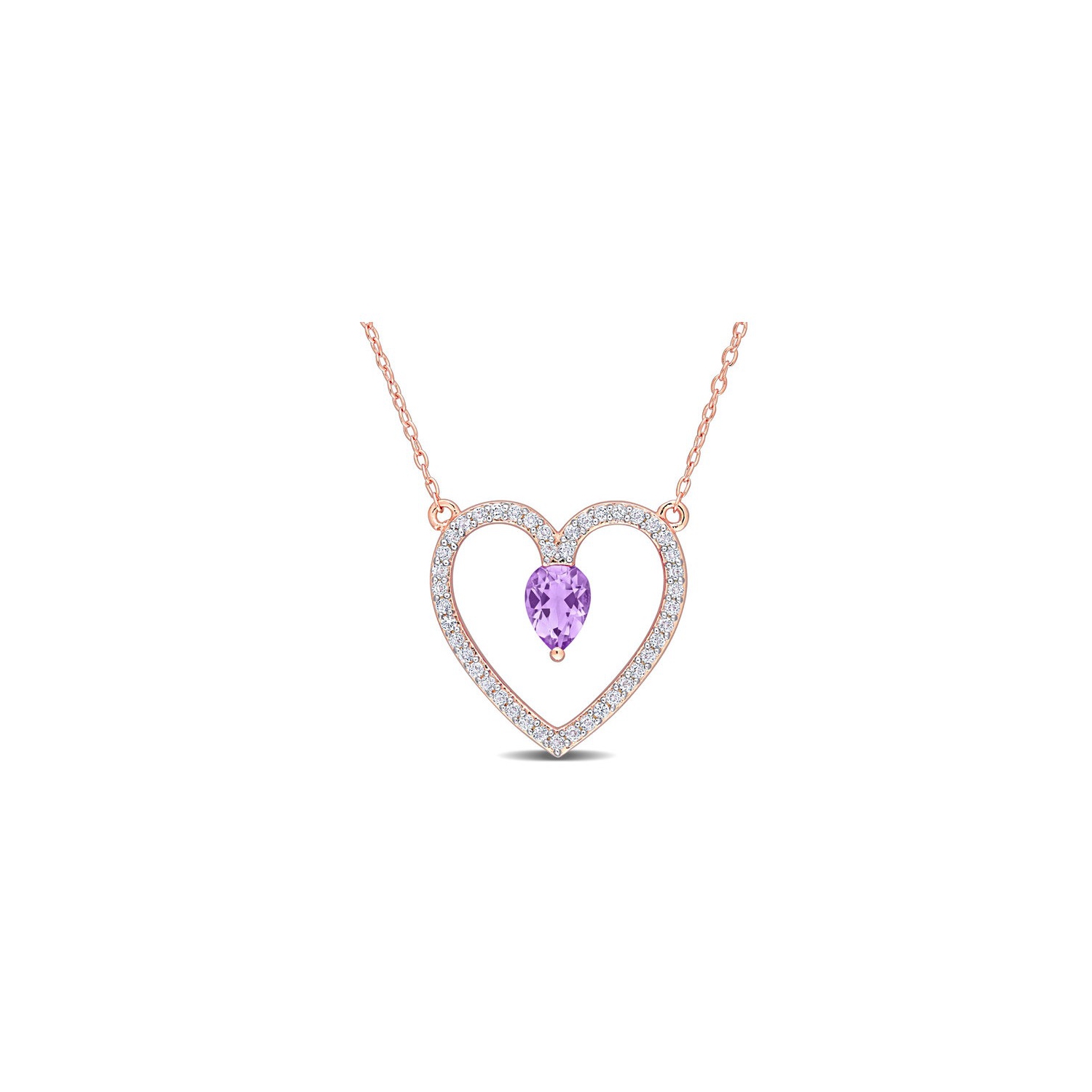 Collier en argent sterling plaqué rose avec chaîne à pendentif en forme de coeur avec améthyste et topaze blanche d'1,13&nbsp;carat