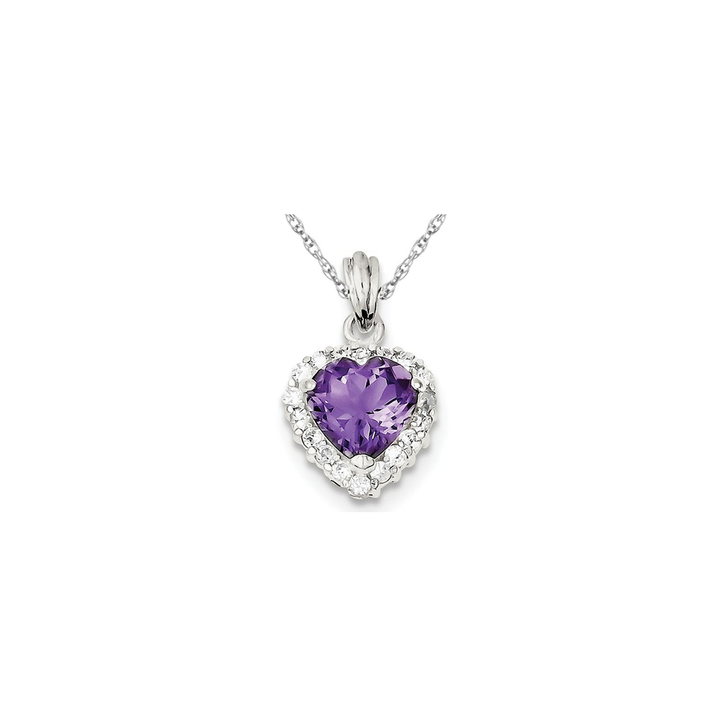 Purple Amethyst and Synthetic Cubic Zirconia Heart Pendant Necklace in Sterling Silver with chain