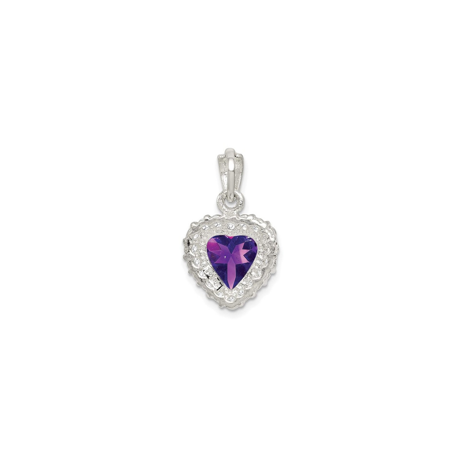 Purple Amethyst and Synthetic Cubic Zirconia Heart Pendant Necklace in Sterling Silver with chain