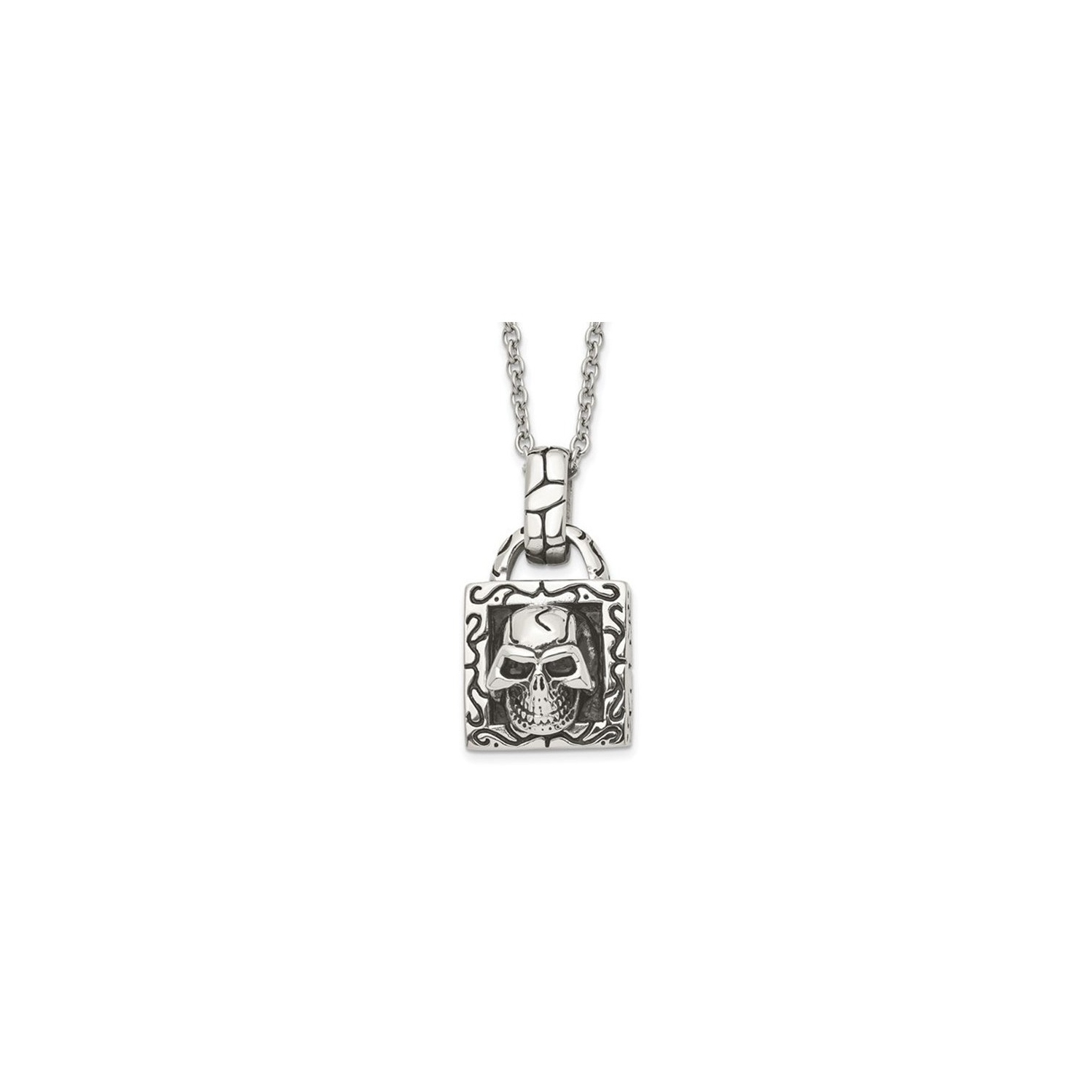 Stainless Steel Antiqued and Polished Skull Pendant Necklace with Chain