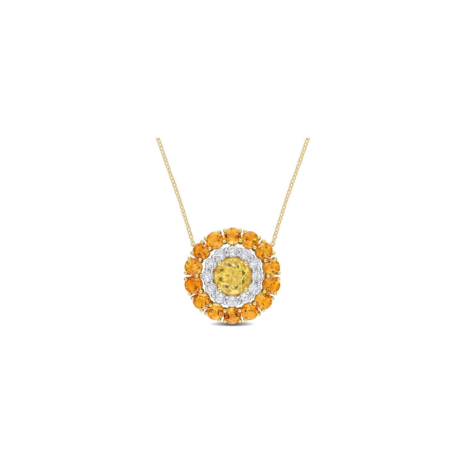 11.44 Carat Madeira Citrine and White Topaz Double Halo Pendant Necklace in Yellow Sterling Silver with Chain