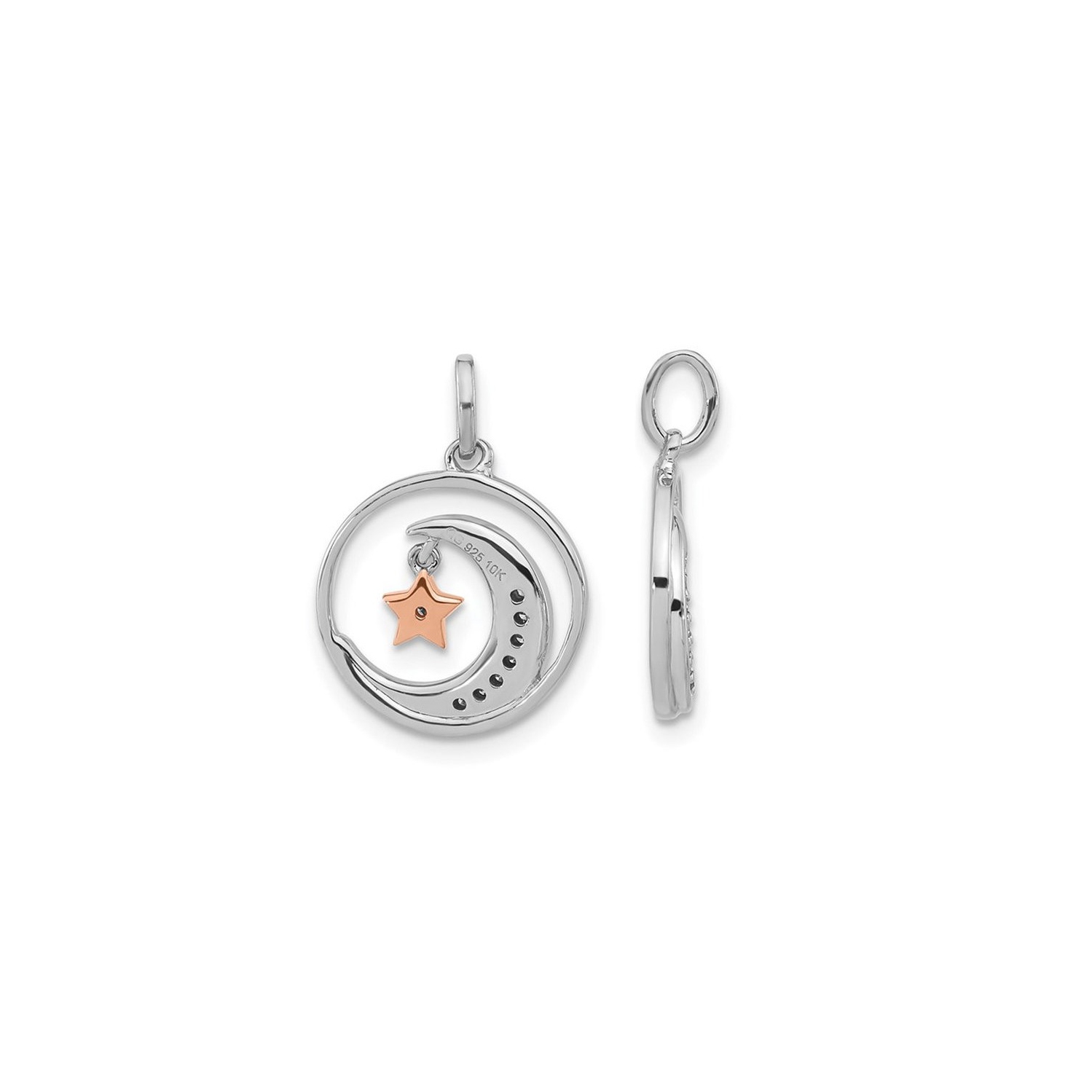 Sterling Silver Moon and Star Charm Pendant Necklace with Chain and Accent Diamonds