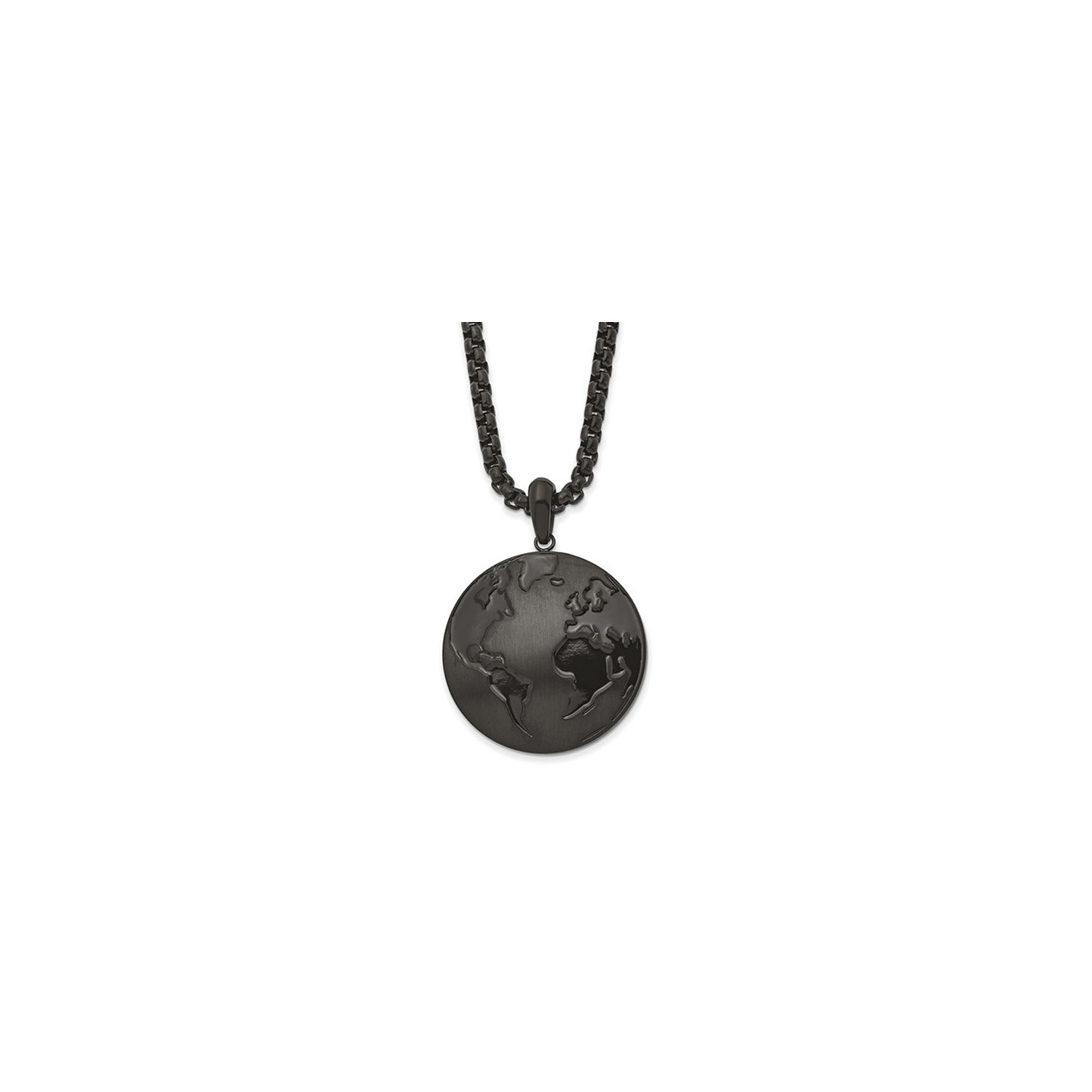 Mens Black Stainless Steel Earth Globe Pendant Necklace with Chain