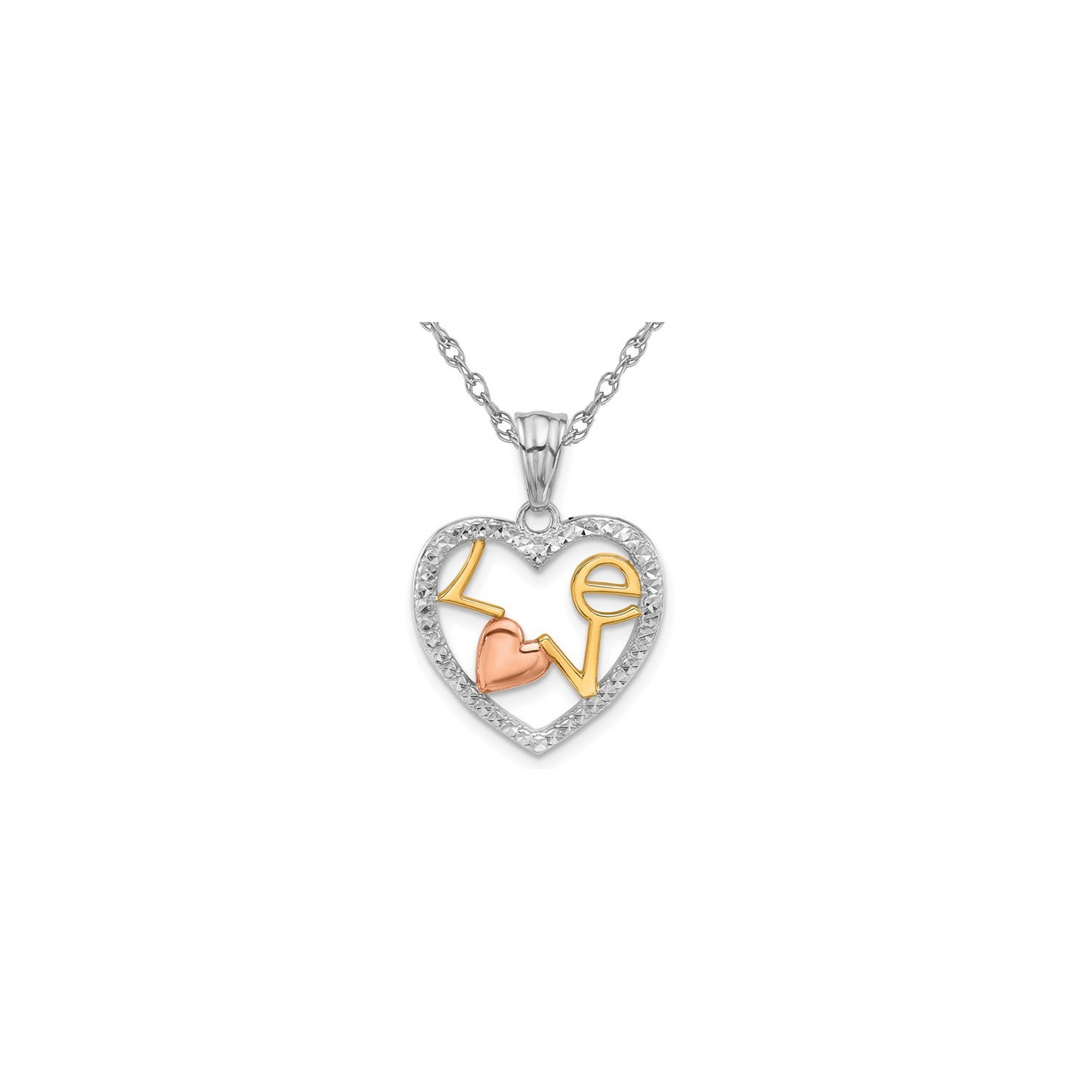 Collier à pendentif en or jaune, blanc et rose 14K ct avec chaîne à breloque en forme de coeur LOVE